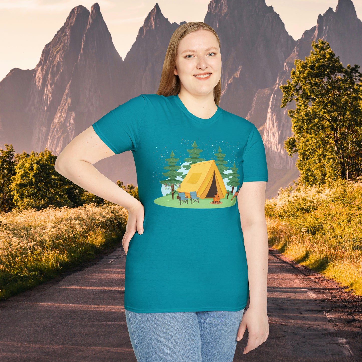 Camping can be so much fun! A happy place for many of us. Love of the great outdoors inspired design on this Unisex Softstyle T-Shirt.