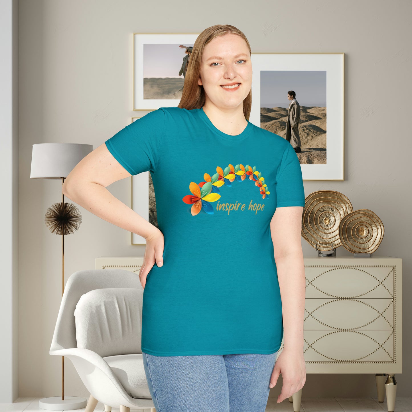 A beautiful origami style flowers in rainbow formation with “inspire hope” below it. We find hope in each other, that is part of our humanity. Be that inspiration, one person at a time. This is a Unisex Softstyle T-Shirt.