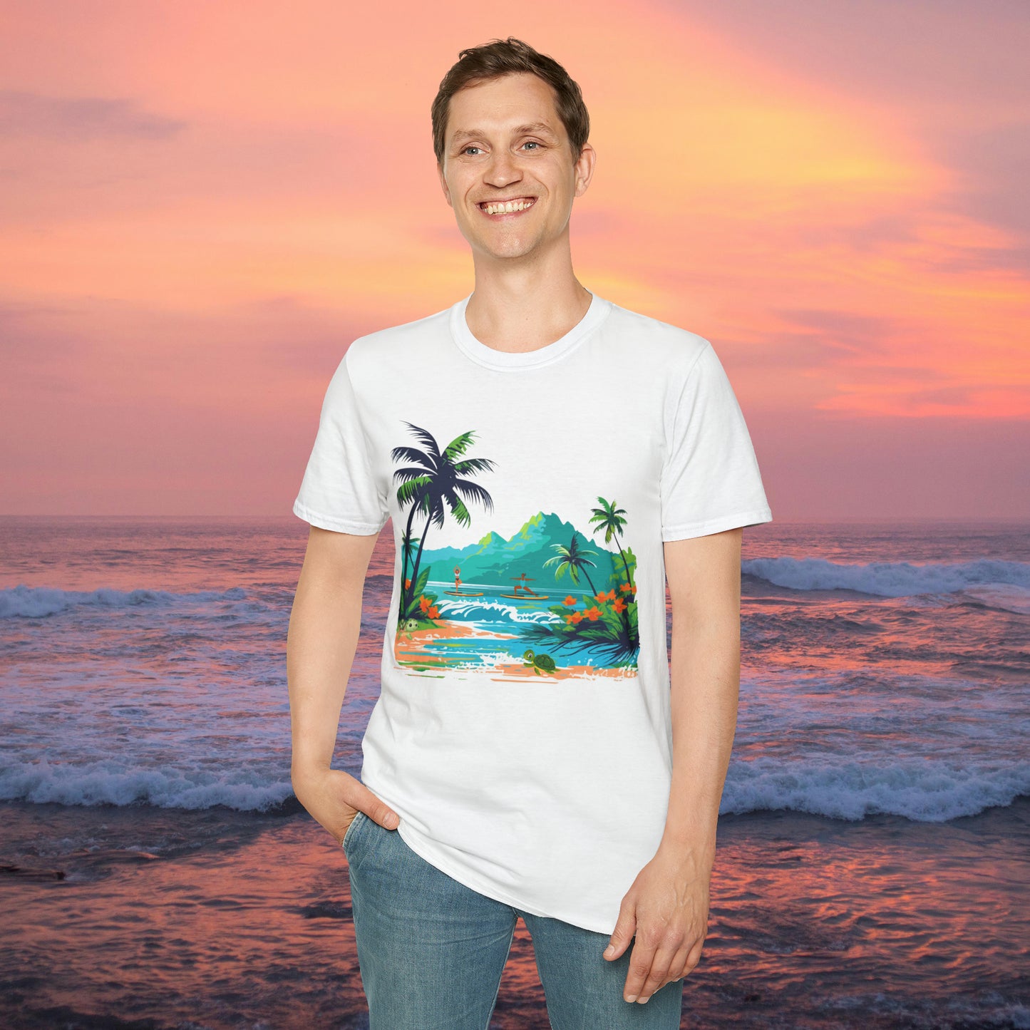 A peaceful paddle board yoga, anyone? With turtles, palm trees and yes the ocean and mountains. Enjoy! A Unisex Softstyle T-Shirt.