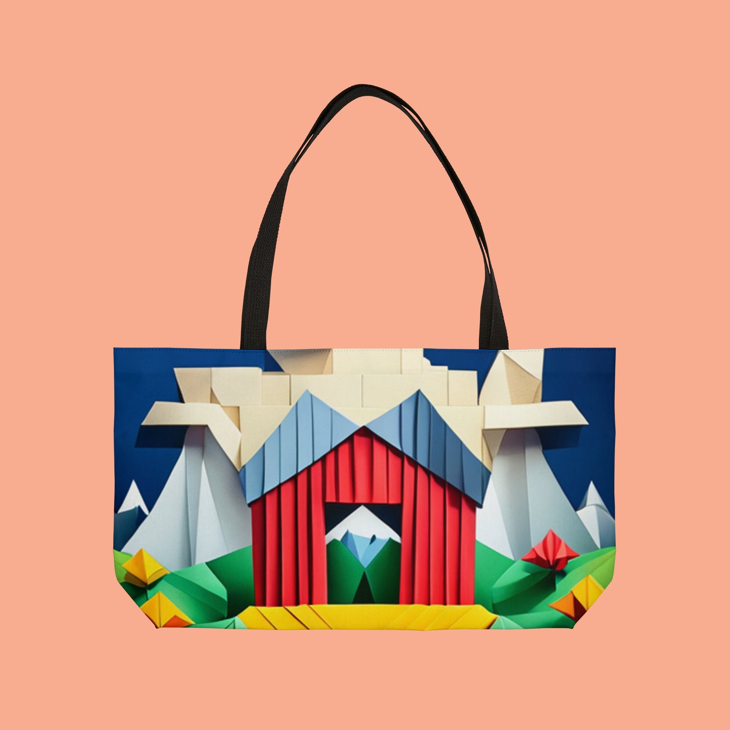 Pig in a farmhouse in origami style inspired scenery on this beautiful Weekender Tote Bag.