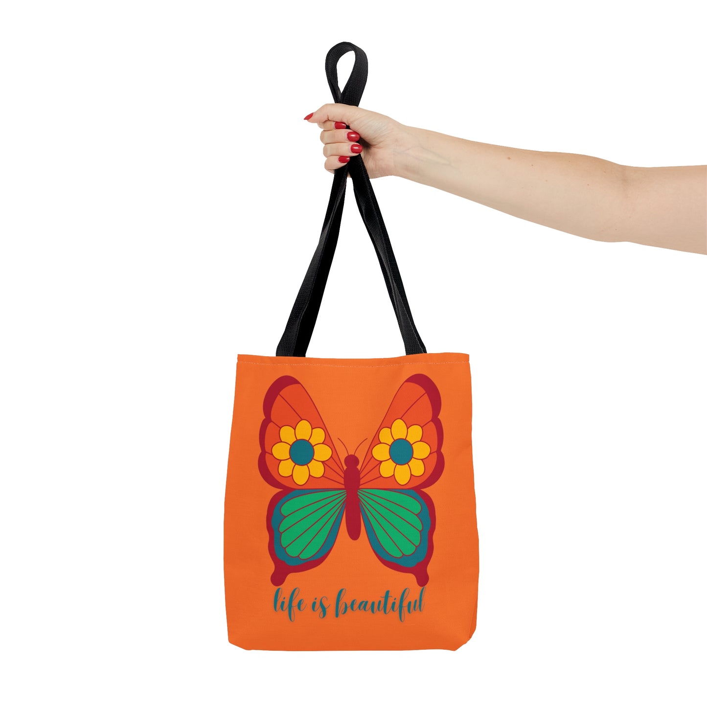 Cute and simple message “life is beautiful” under a butterfly design tote bag. Come in 3 sizes to meet your needs.