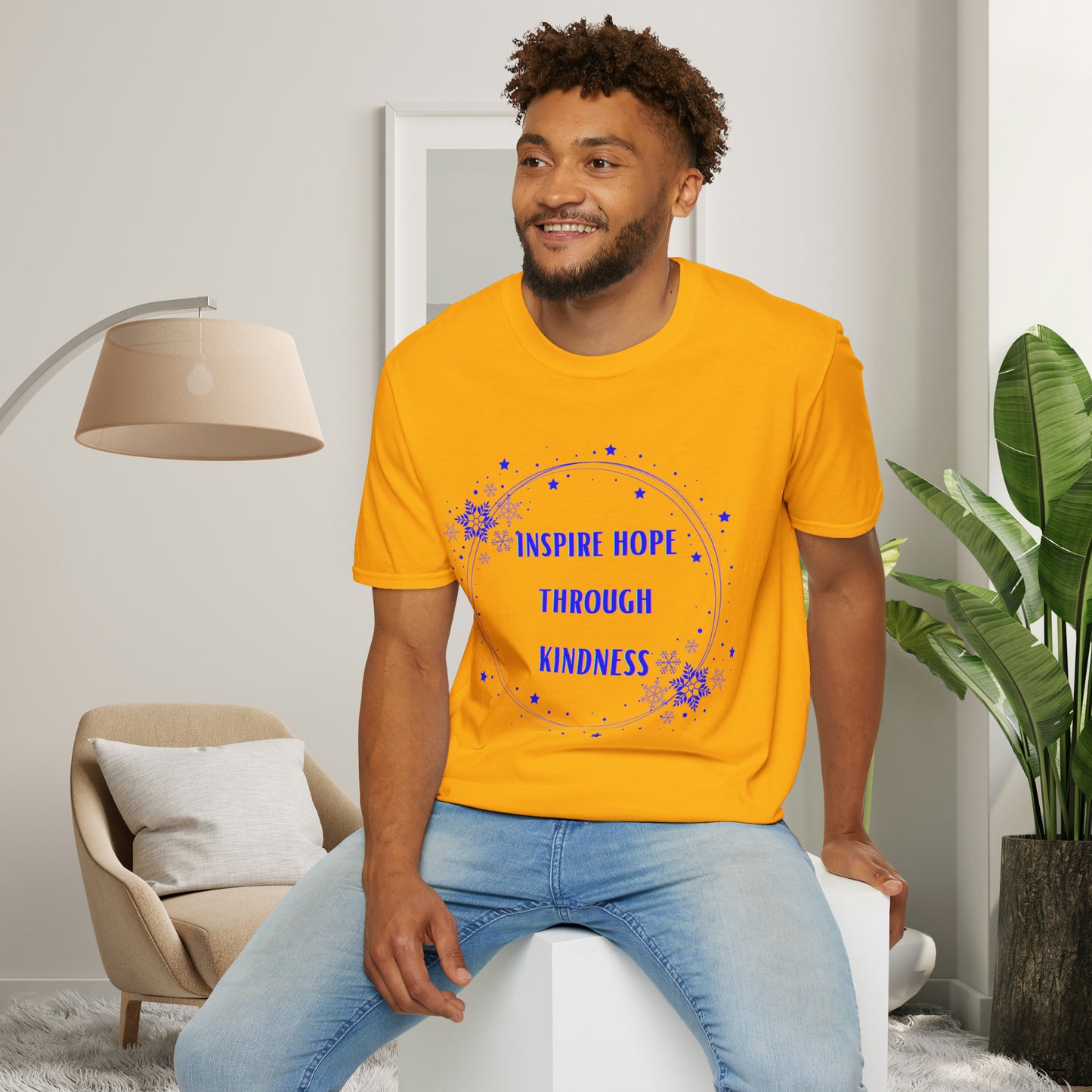 A message of “inspire hope through kindness” on this Unisex Softstyle T-Shirt.