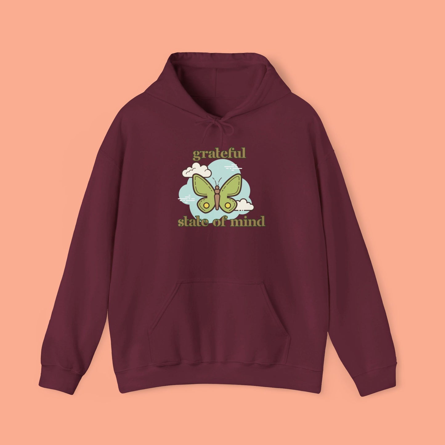 Grateful state of mind around a simple butterfly design on this Unisex Heavy Blend™ Hooded Sweatshirt