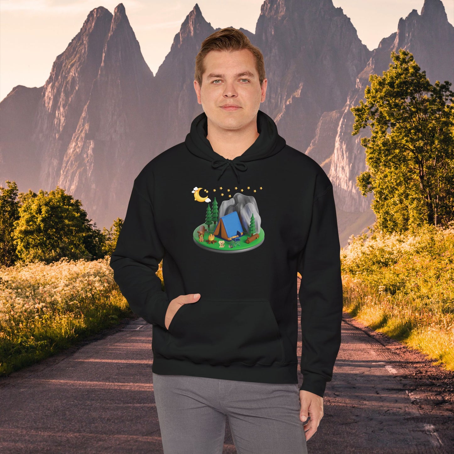 Mountain Camping Unisex Hoodie - Night Time Adventure with Your Dog