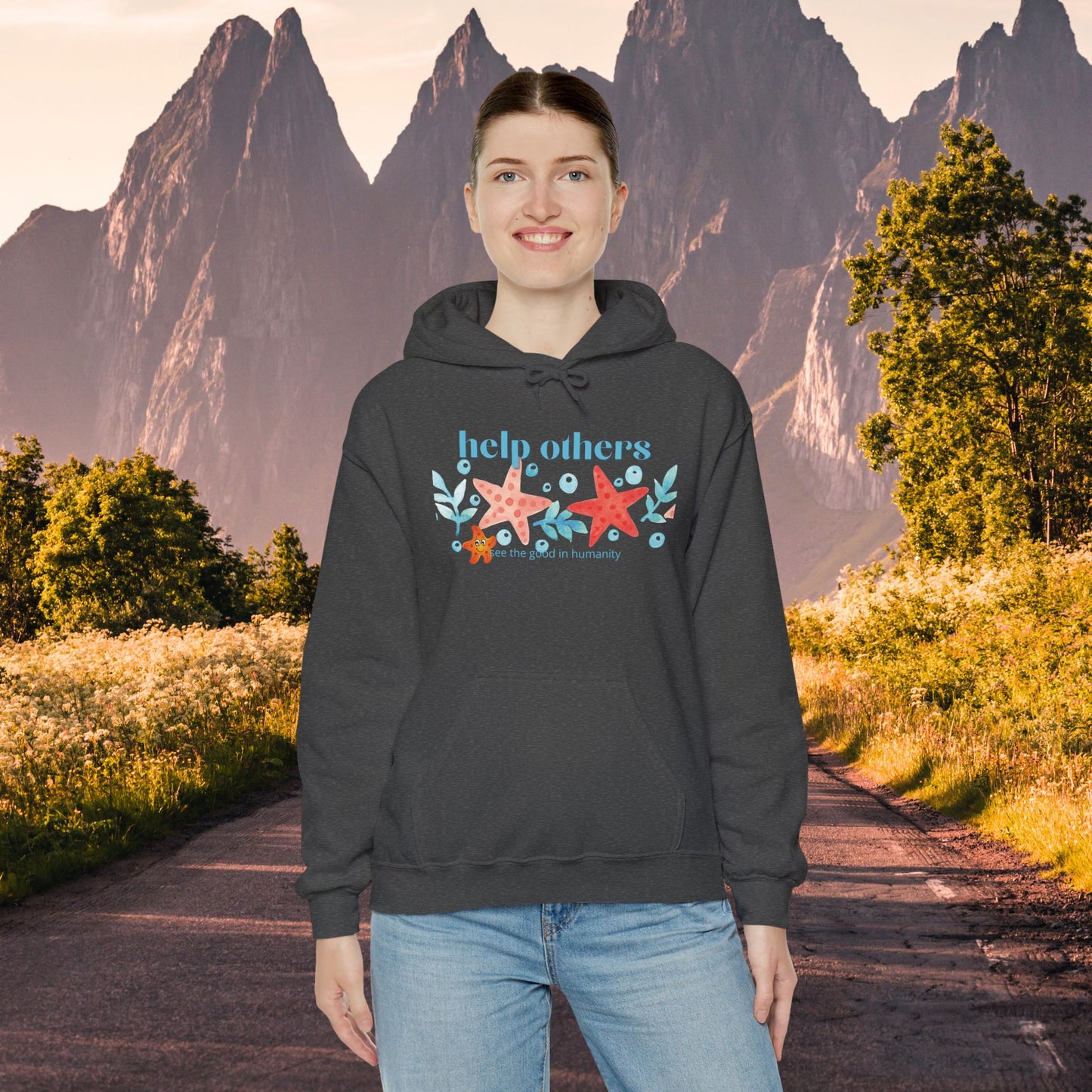 Hooded Sweatshirt - Spread Good Vibes with Starfishes Design