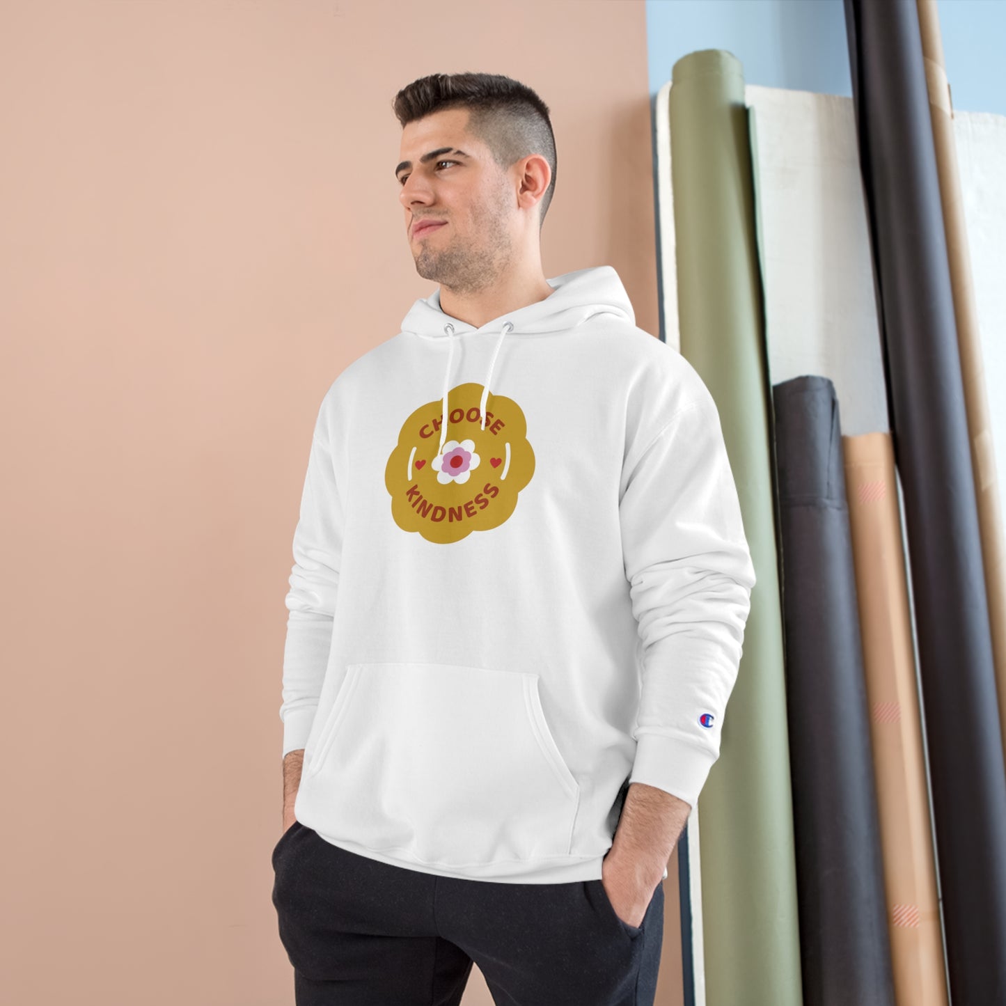 A very comfortable Champion Hoodie with a flowery Choose Kindness in front and Make someone smile today on the back.