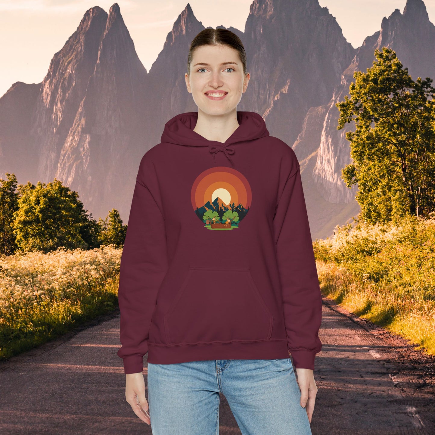 Hooded Sweatshirt - Mountain Forest and Playful Monkeys Design