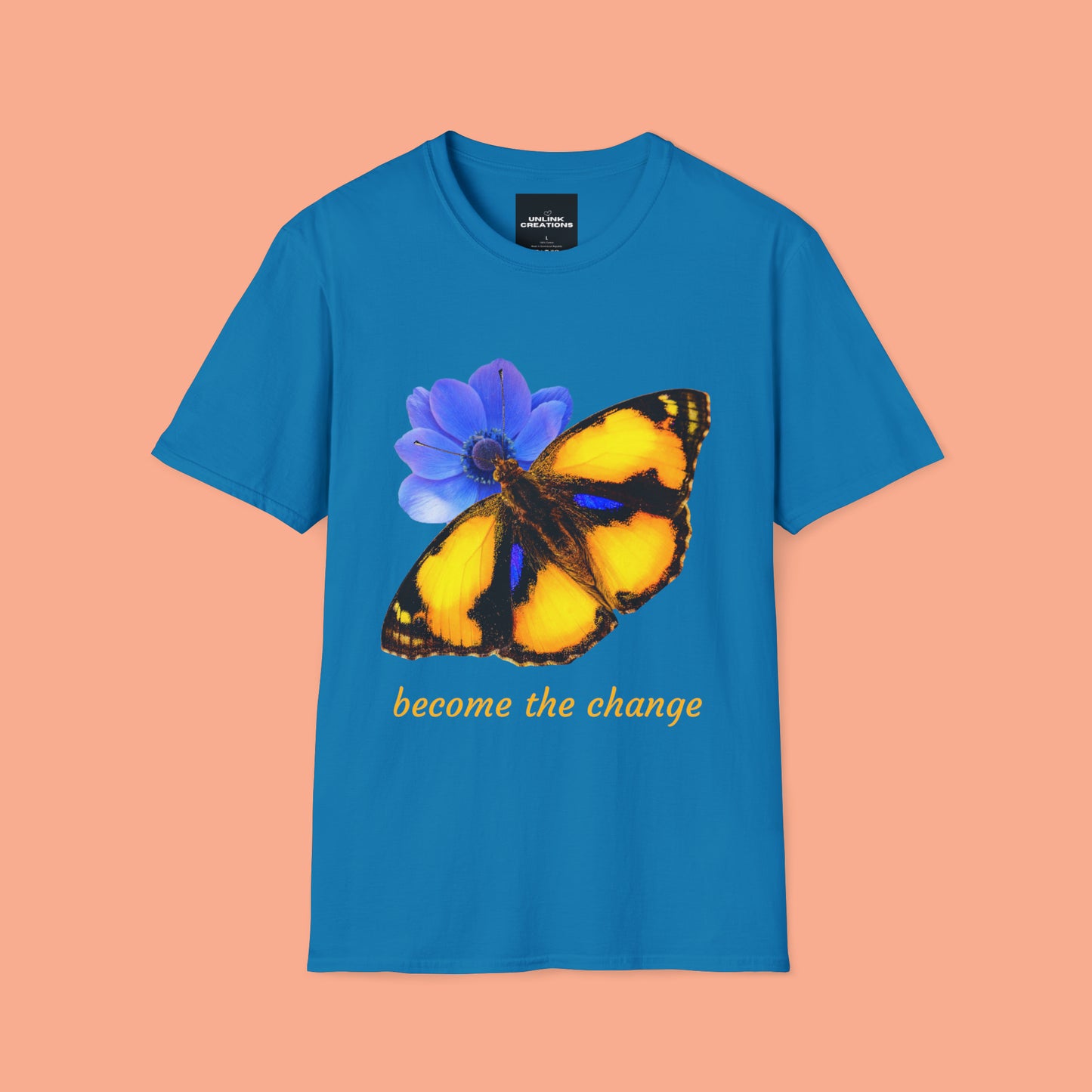 Beautiful “become the change" Unisex Softstyle T-Shirt butterfly design. Great as a gift or get one for yourself.