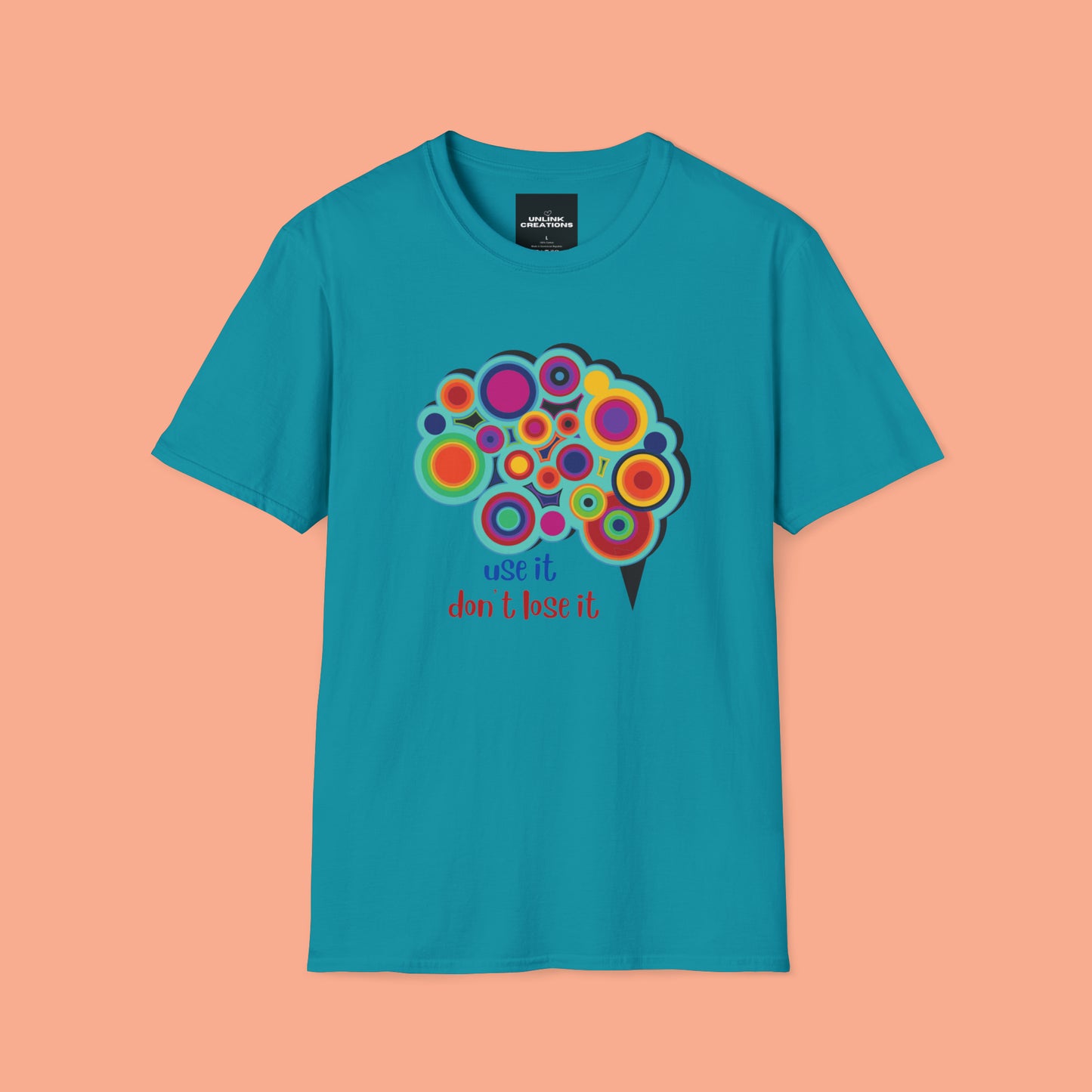 Beautifully designed brain with “use it don’t lose it” message below it on this Unisex Softstyle T-Shirt.