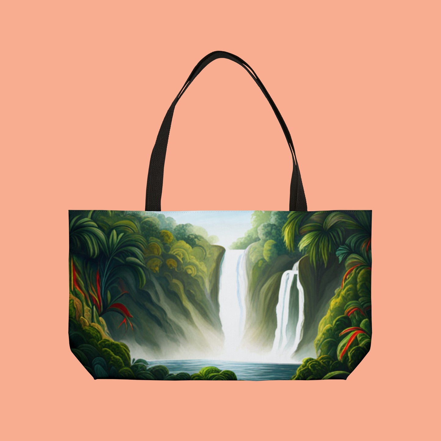 A lush waterfalls scene inspired design on this Weekender Tote Bag.