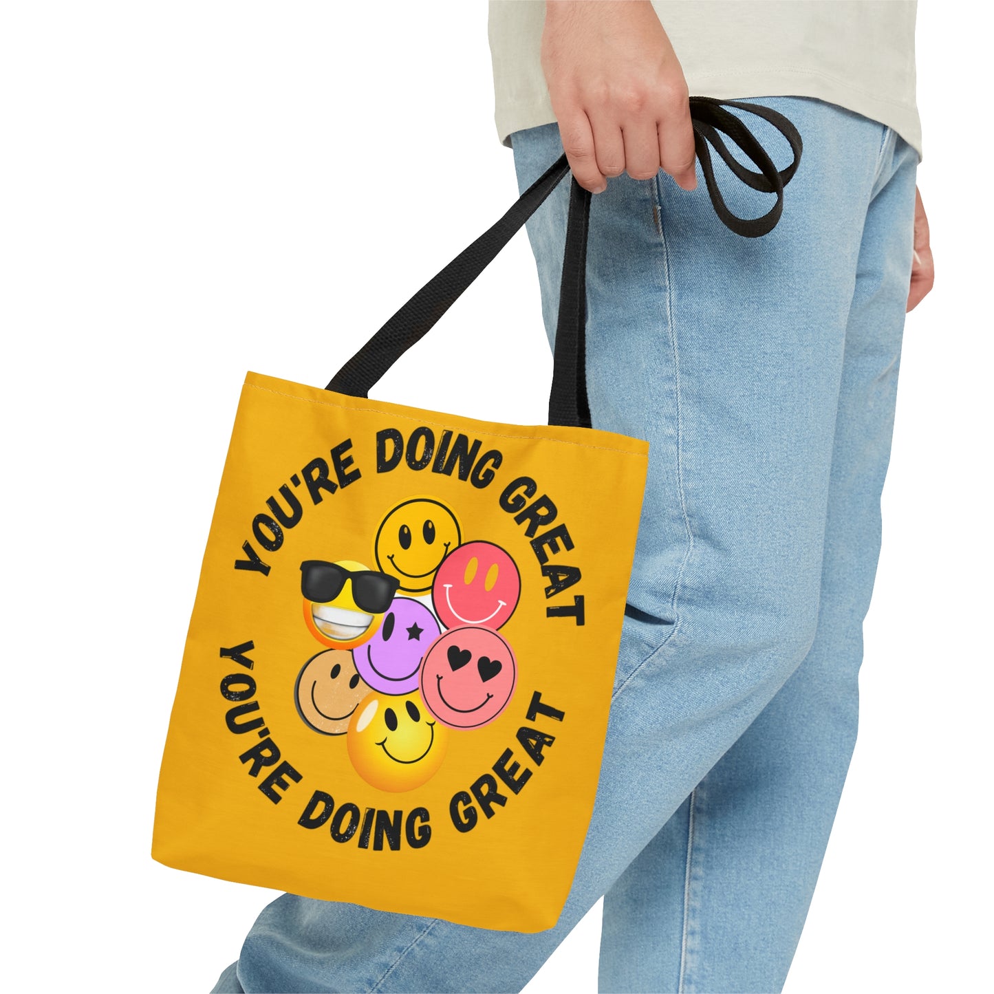 Positive feedback “YOU ARE DOING GREAT” makes us smile with this colorful Tote Bag in 3 sizes to meet your needs.