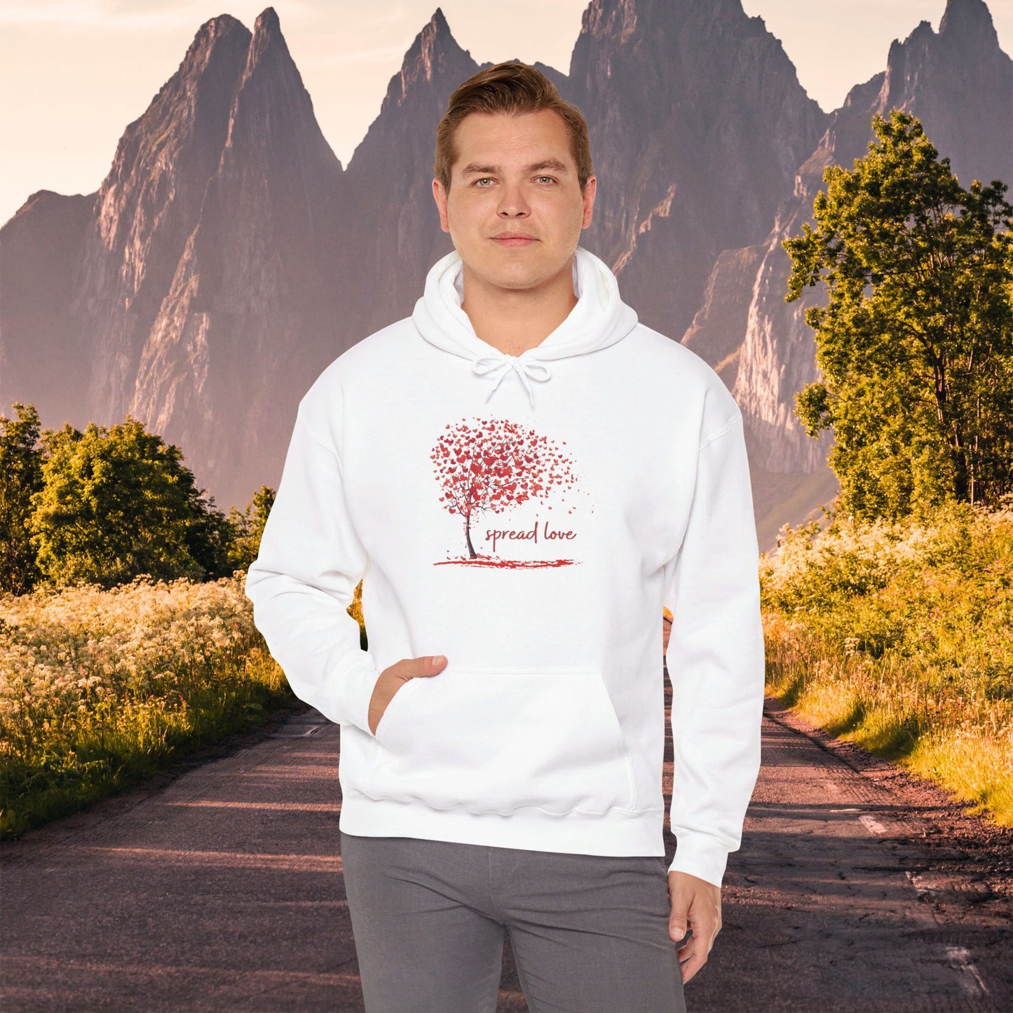 Spread love is the message on this heart filled tree designed Unisex Heavy Blend™ Hooded Sweatshirt