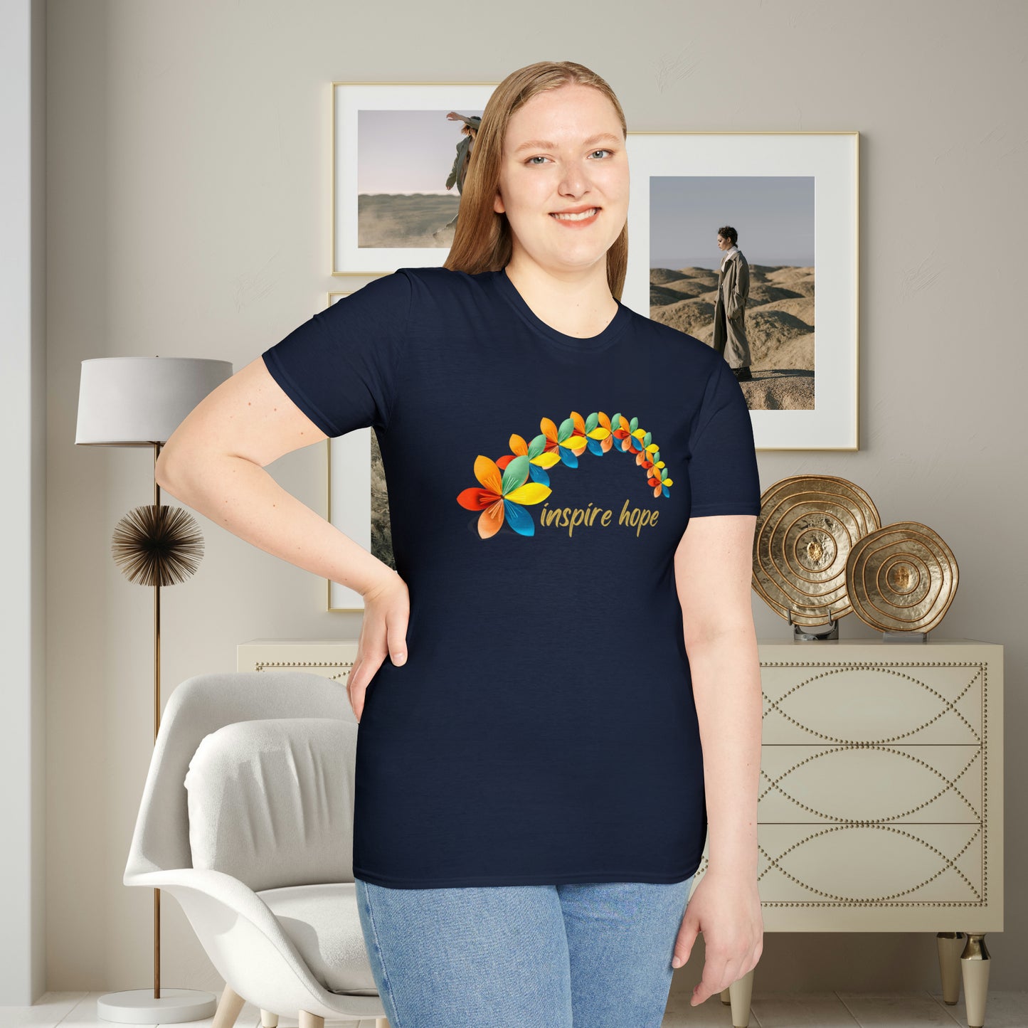 A beautiful origami style flowers in rainbow formation with “inspire hope” below it. We find hope in each other, that is part of our humanity. Be that inspiration, one person at a time. This is a Unisex Softstyle T-Shirt.