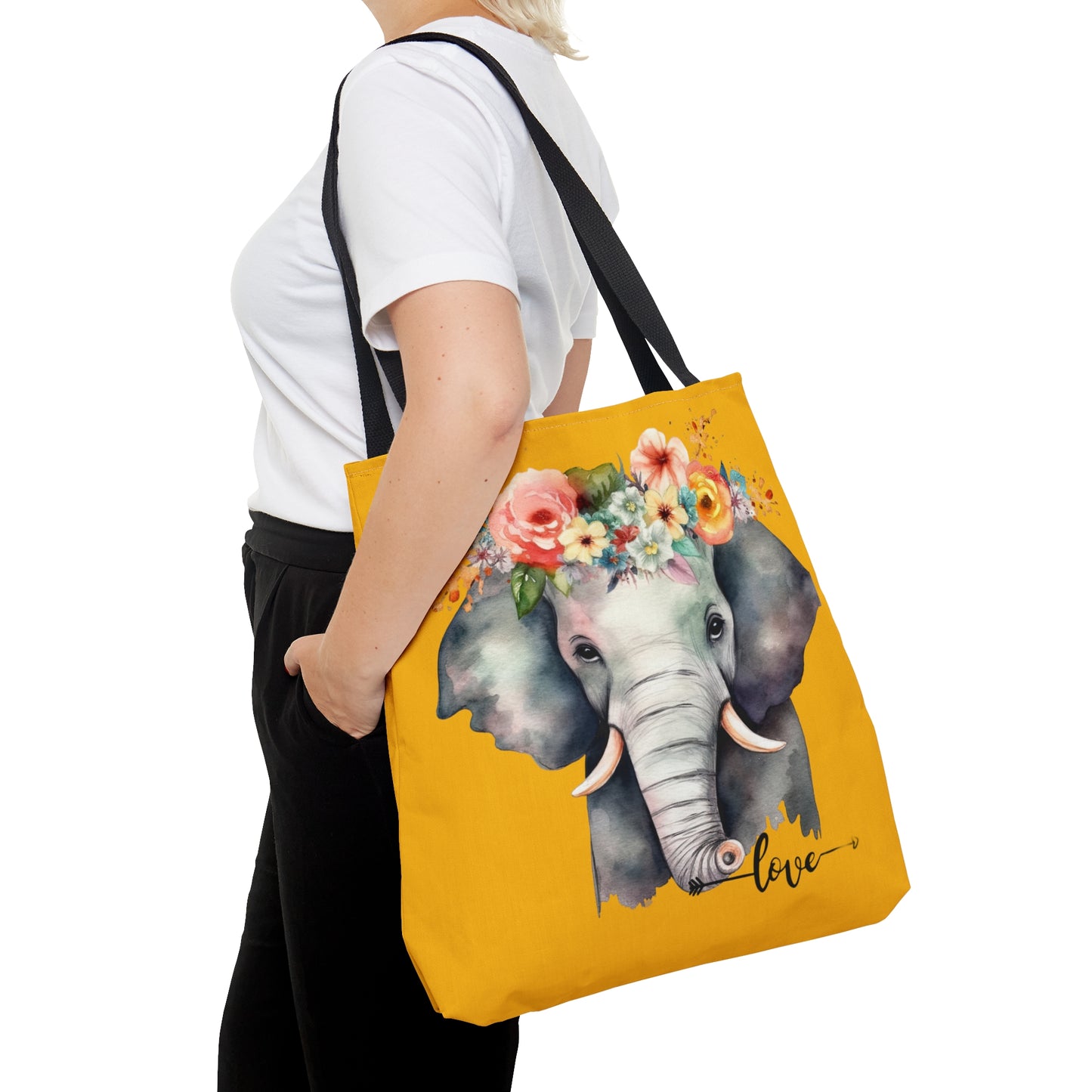 Cute mama elephant with flowers for a tiara on this tote bag. Come in 3 sizes to meet your needs.