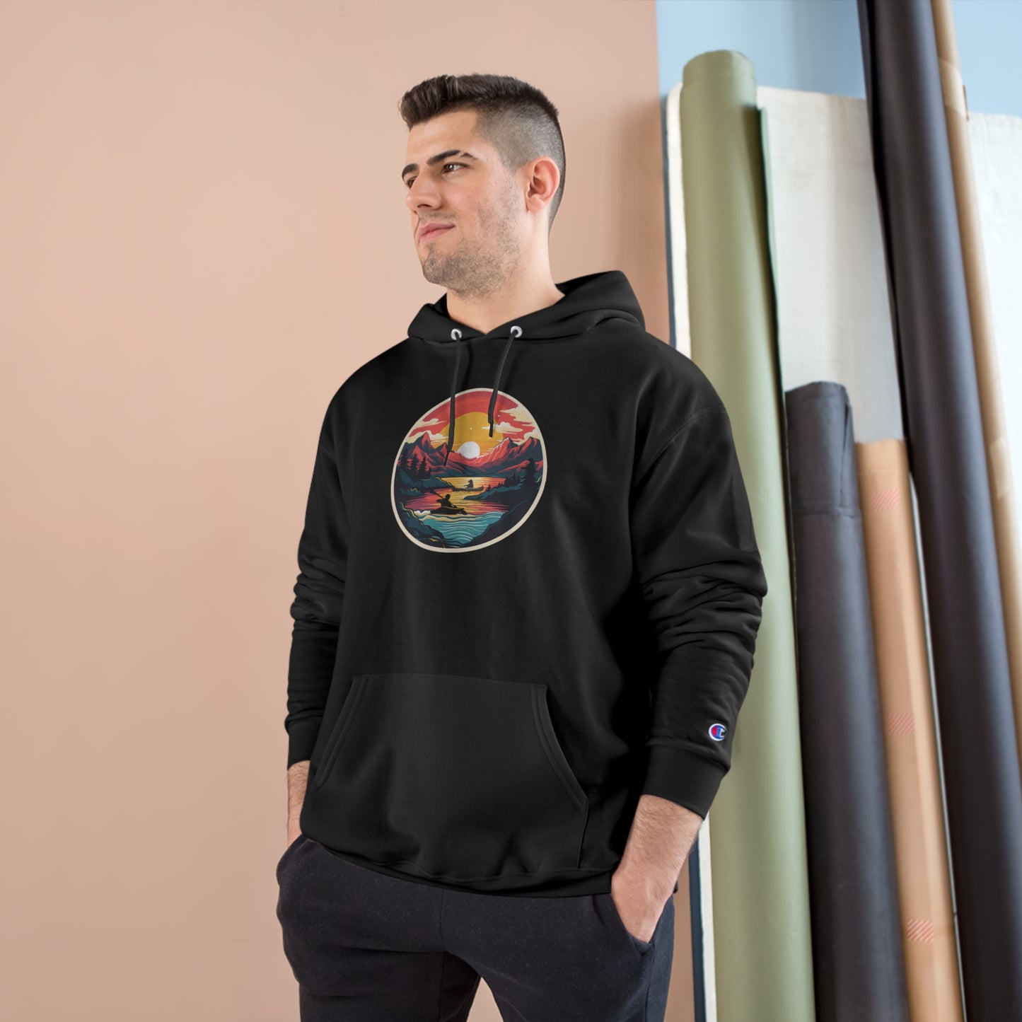 Kayakers Champion Hoodie - Colorful River and Mountains Design