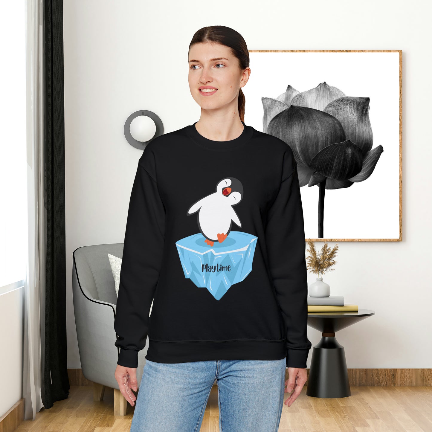 Playtime! Cute and happy penguin on an iceberg design. Give the gift of this Unisex Heavy Blend™ Crewneck Sweatshirt or get one for yourself.