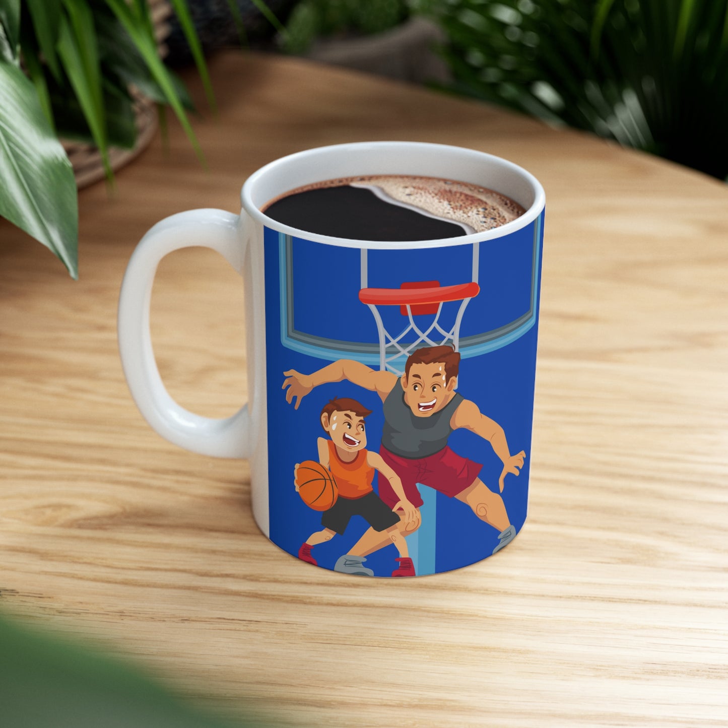 “BEST DAD EVER” on one side and dad happily playing basketball with his son. Part of several mugs to choose from depending on what resonates with you.