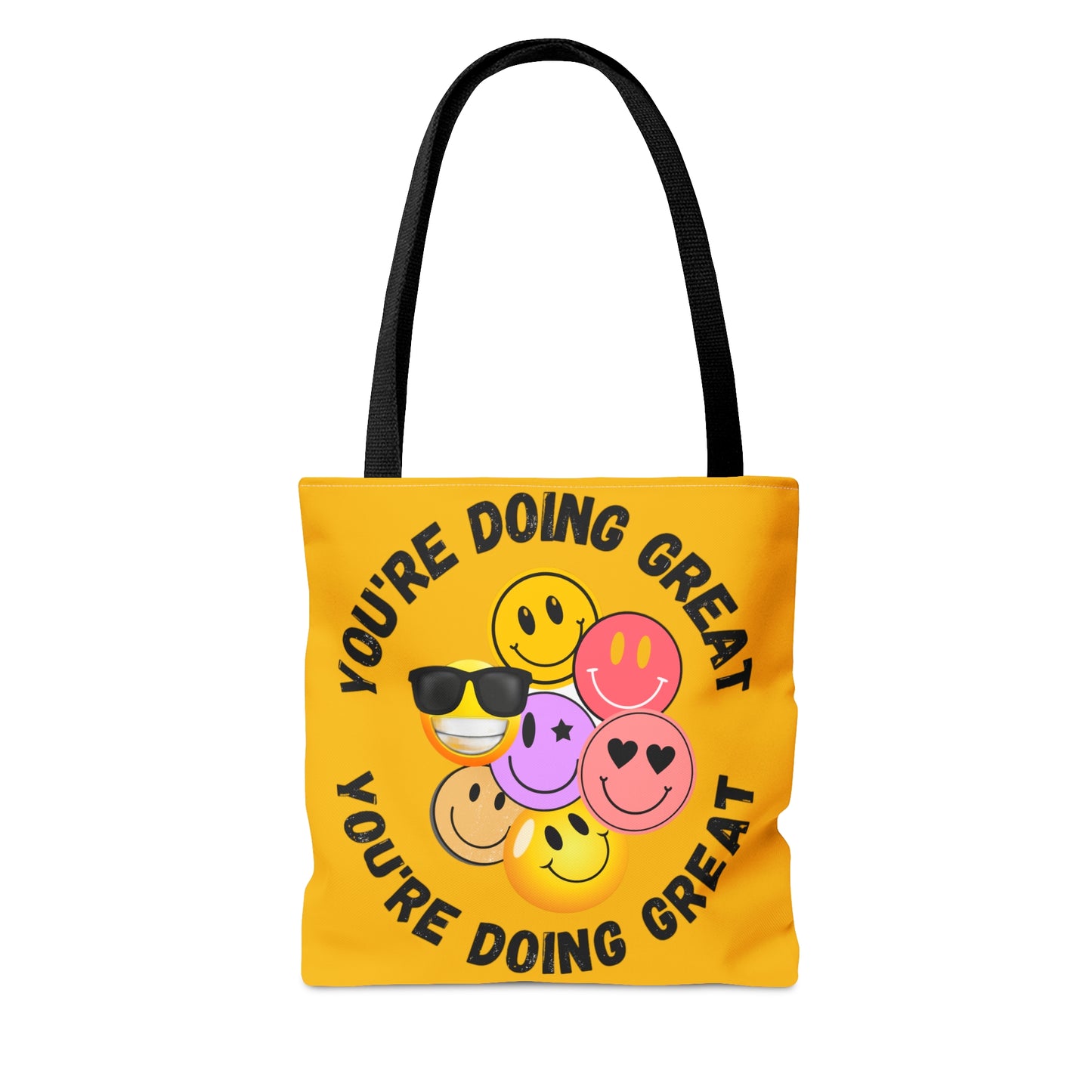 Positive feedback “YOU ARE DOING GREAT” makes us smile with this colorful Tote Bag in 3 sizes to meet your needs.