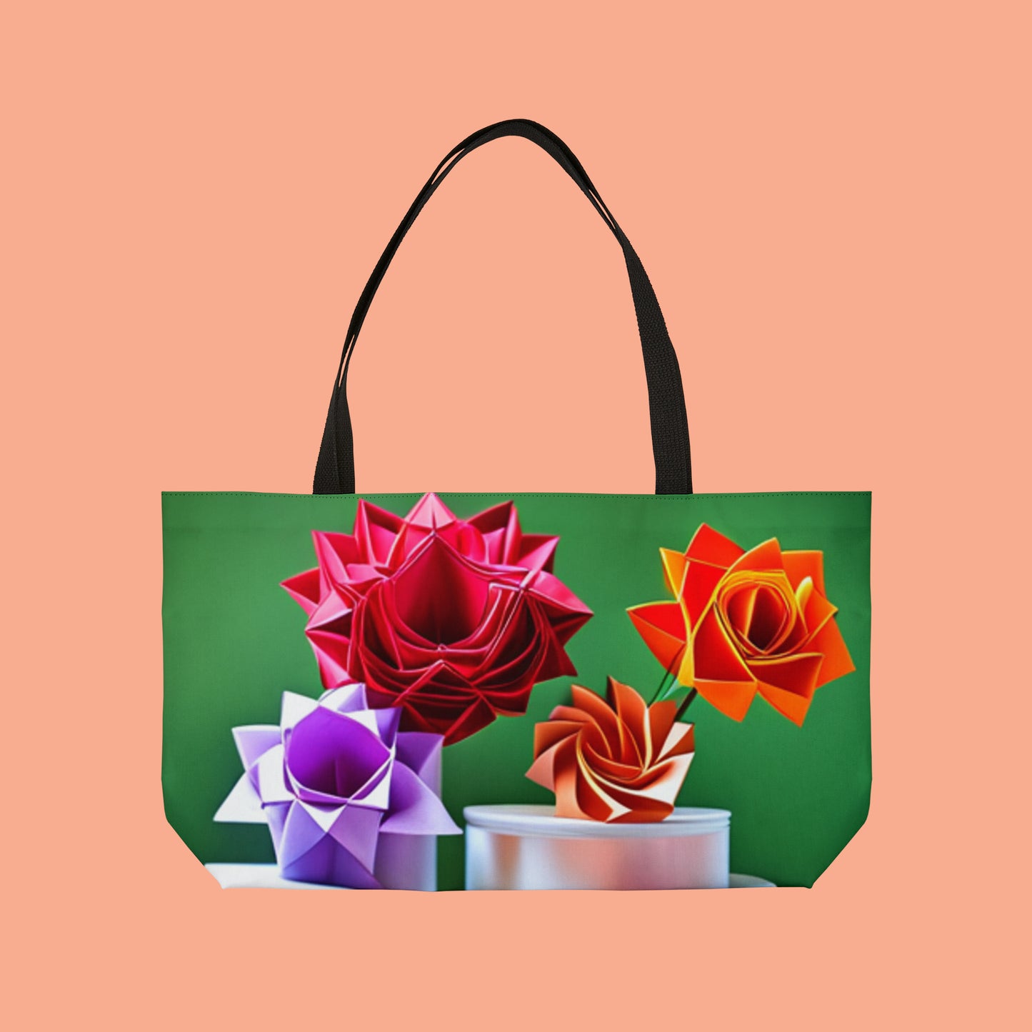 Colorful  and beautiful roses in Origami inspired style design on this pretty Weekender Tote Bag.