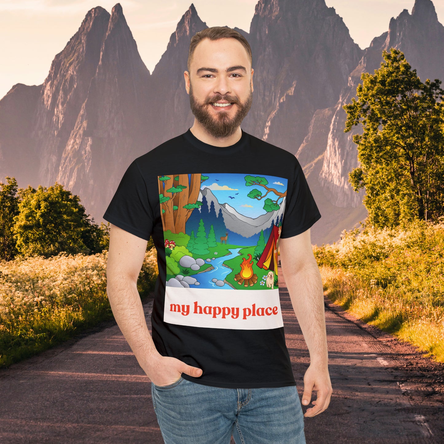 A great shirt for those who love camping in the great outdoors! This Unisex Heavy Cotton Tee is designed to inspire us to spend more time being happy in the great outdoors. Camp, hike and be one with nature.