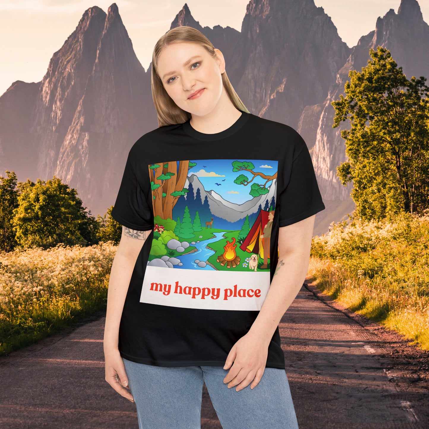 A great shirt for those who love camping in the great outdoors! This Unisex Heavy Cotton Tee is designed to inspire us to spend more time being happy in the great outdoors. Camp, hike and be one with nature.