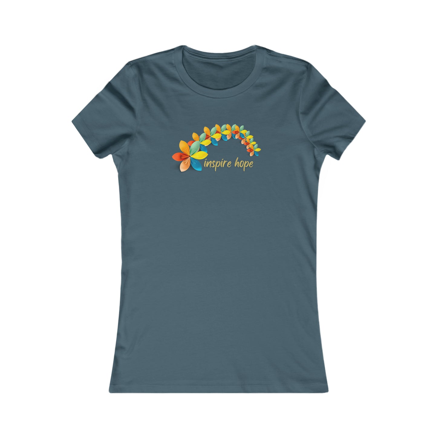 A rainbow of origami flowers goes with this “inspire hope” message on this Women's Favorite Tee design. No better way to find hope than seeing it in each other. Slim fit so please check the size table.