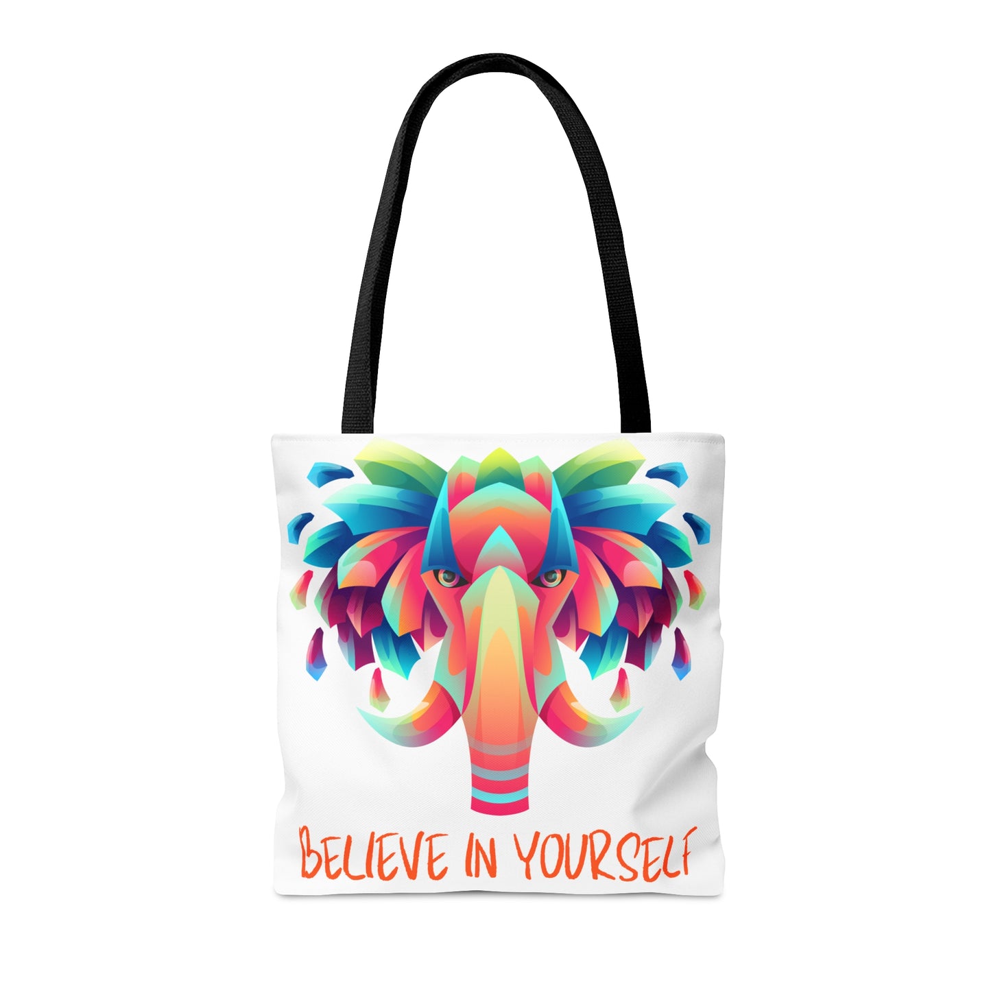 Gorgeous elephant design above “BELIEVE IN YOURSELF” affirmation tote bag. Come in 3 sizes to meet your needs.