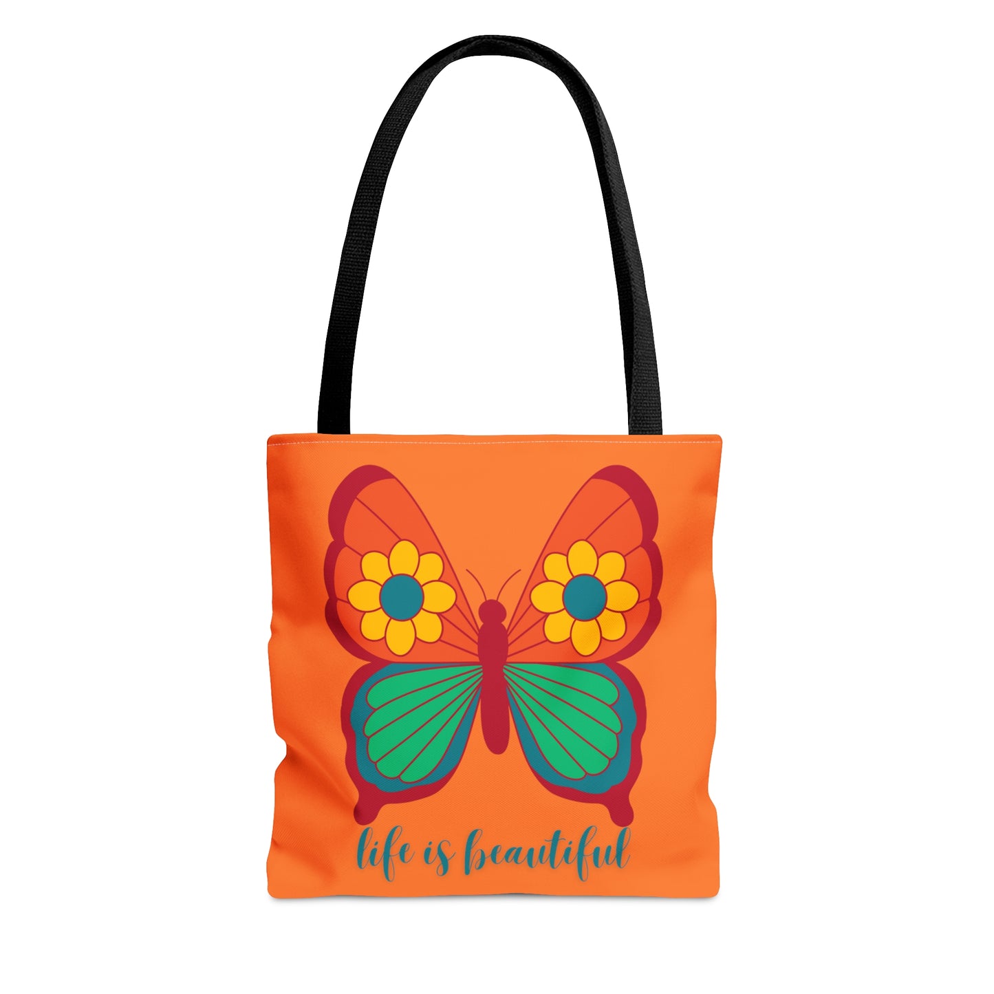 Cute and simple message “life is beautiful” under a butterfly design tote bag. Come in 3 sizes to meet your needs.