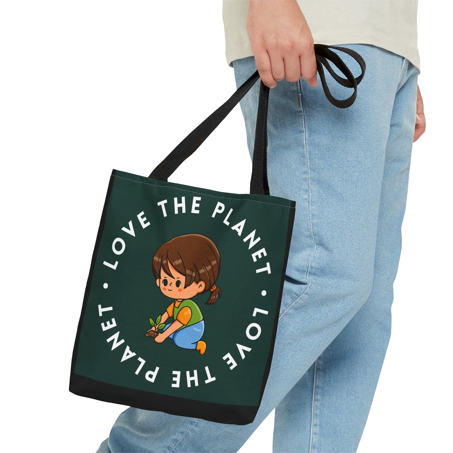 Caring kid planting a tree inside a  “LOVE THE PLANET” Tote Bag in 3 sizes to meet your needs. Available in black.