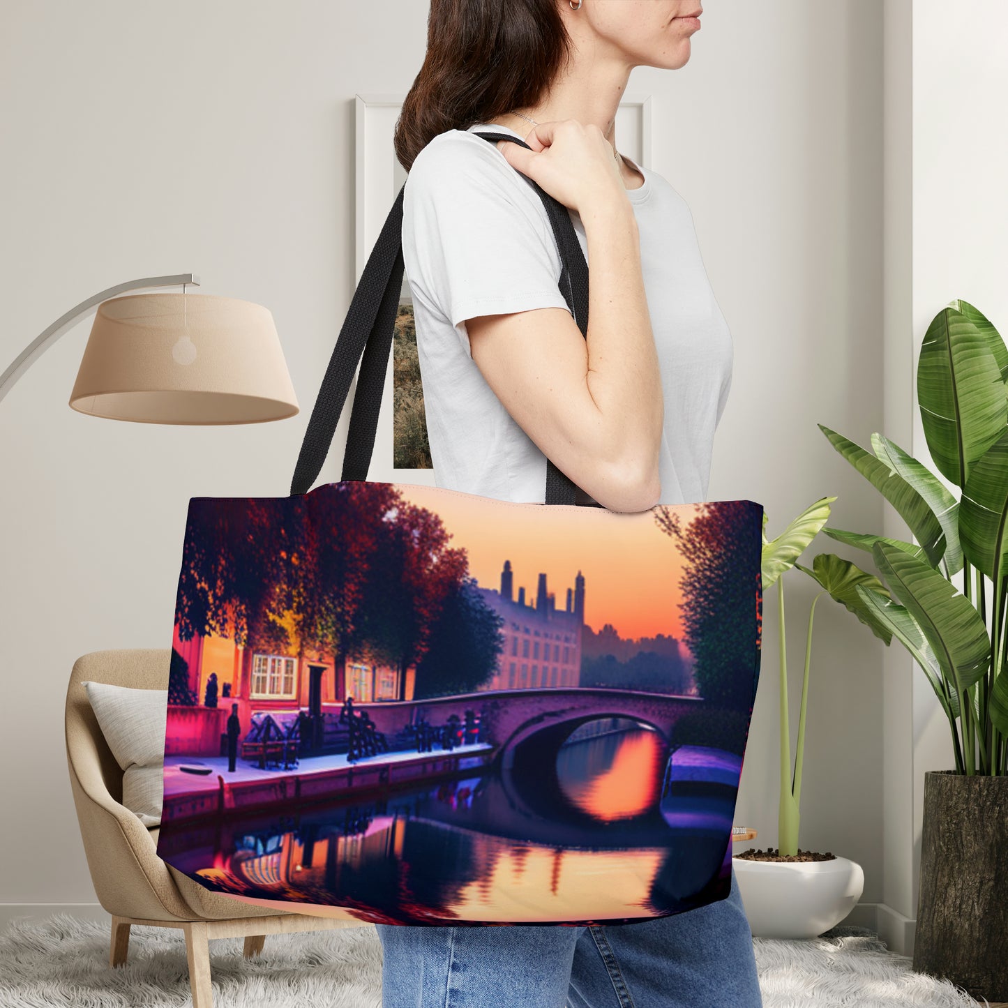 European street by a canal at dusk inspired design on this Weekender Tote Bag.