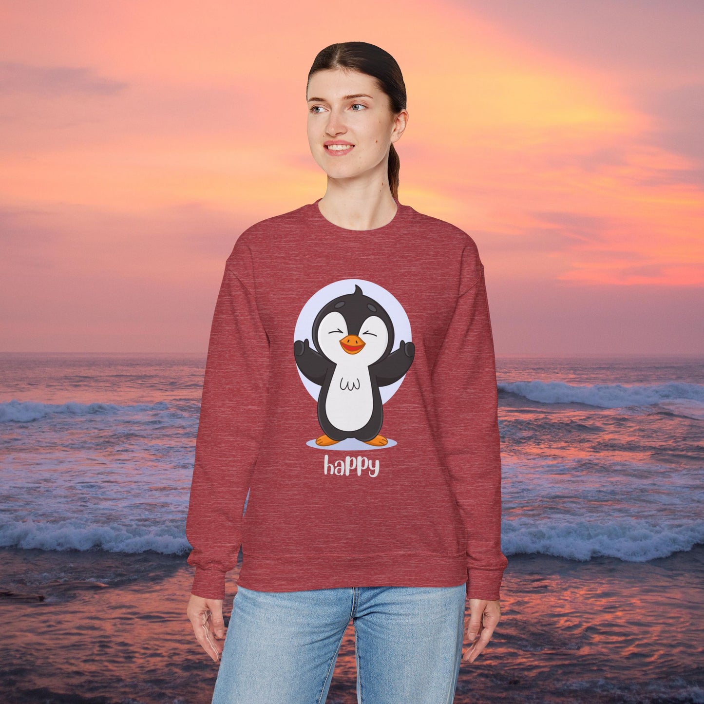 Penguin Crewneck Sweatshirt with Happy Typography