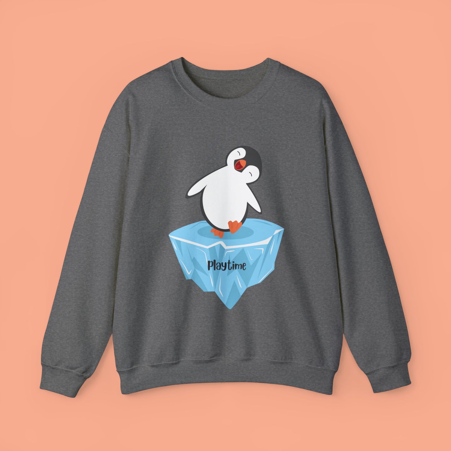 Playtime! Cute and happy penguin on an iceberg design. Give the gift of this Unisex Heavy Blend™ Crewneck Sweatshirt or get one for yourself.