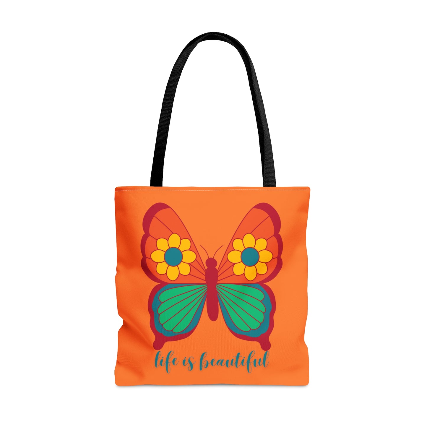 Cute and simple message “life is beautiful” under a butterfly design tote bag. Come in 3 sizes to meet your needs.