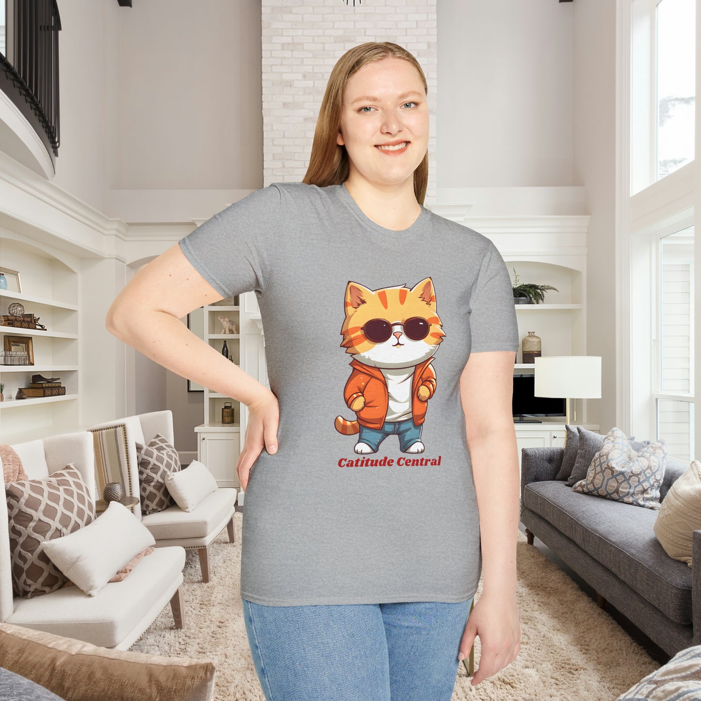 A cool cat with  “Catitude Central” below it on this Unisex Softstyle T-Shirt. Cat lovers get this.