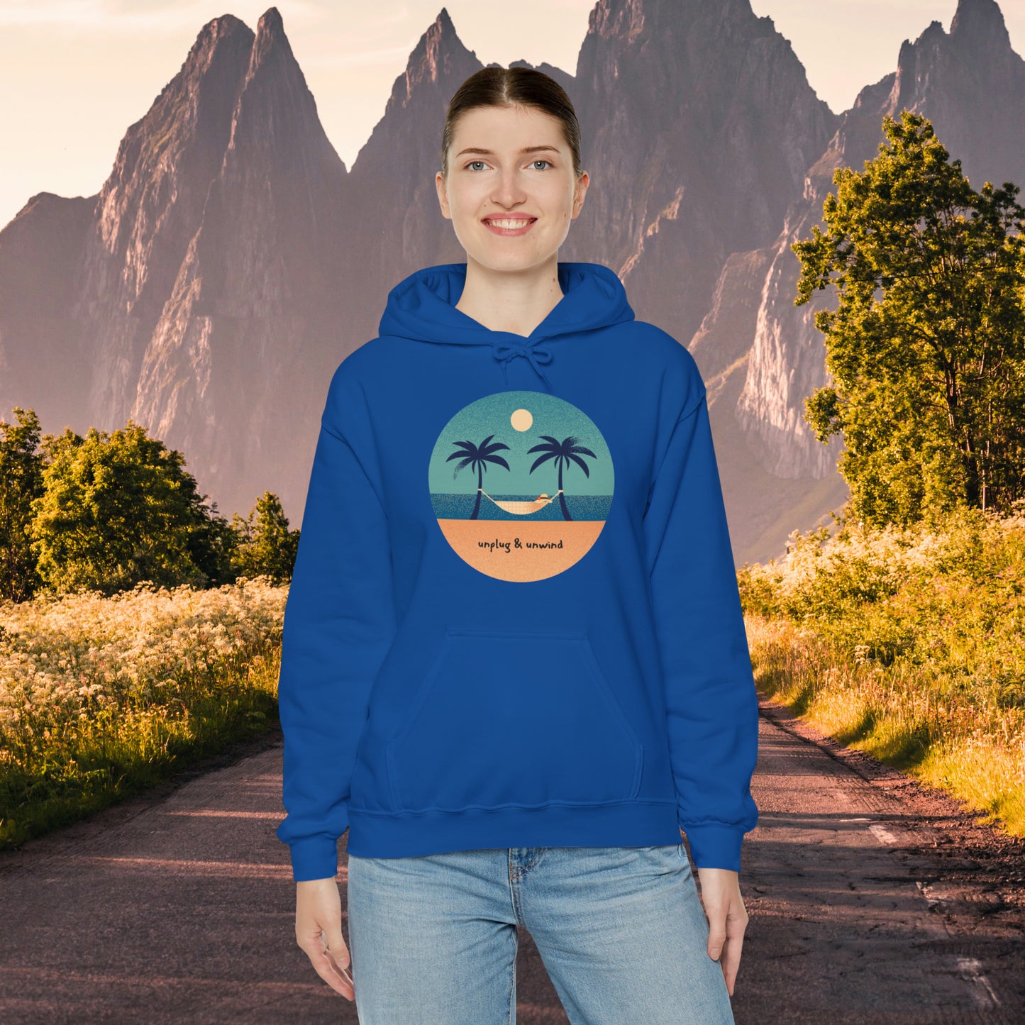 Unplug & unwind beneath a beach scene on this Unisex Heavy Blend™ Hooded Sweatshirt