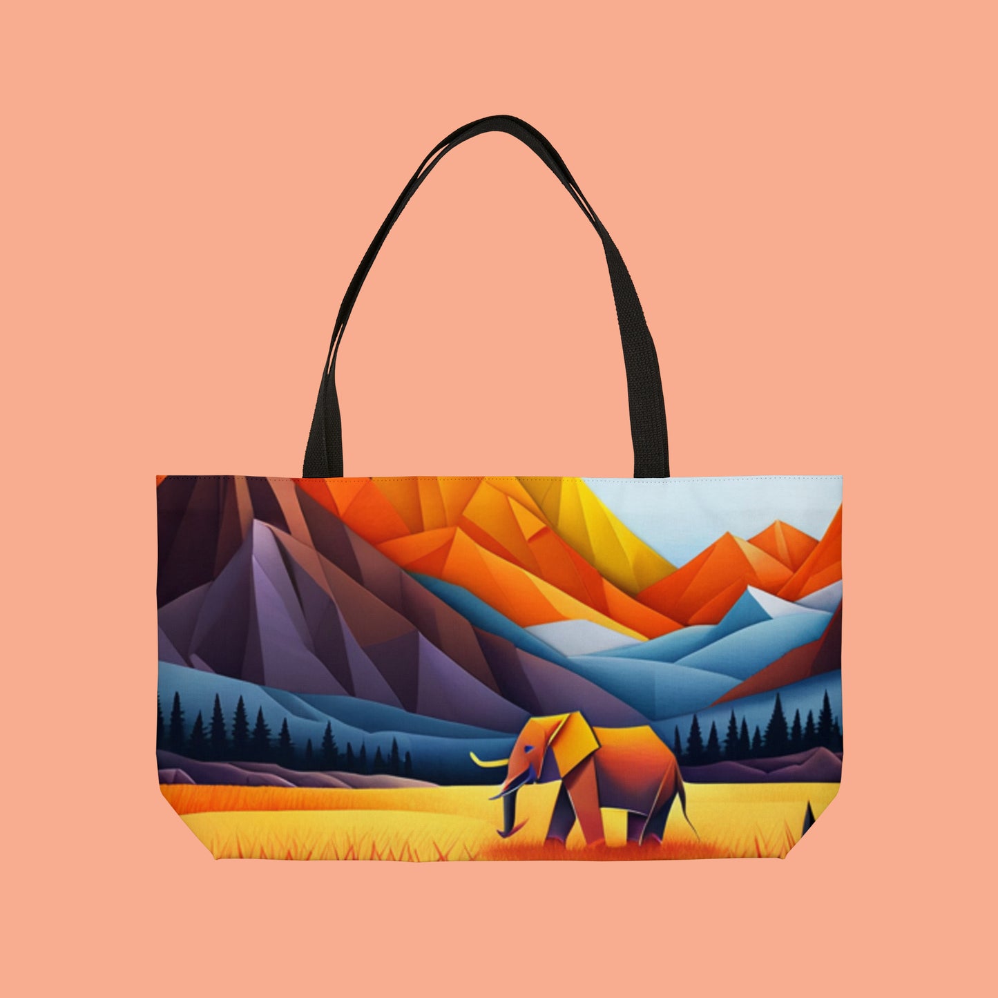Colorful mountains with an elephant inspired Origami style design on this Weekender Tote Bag.