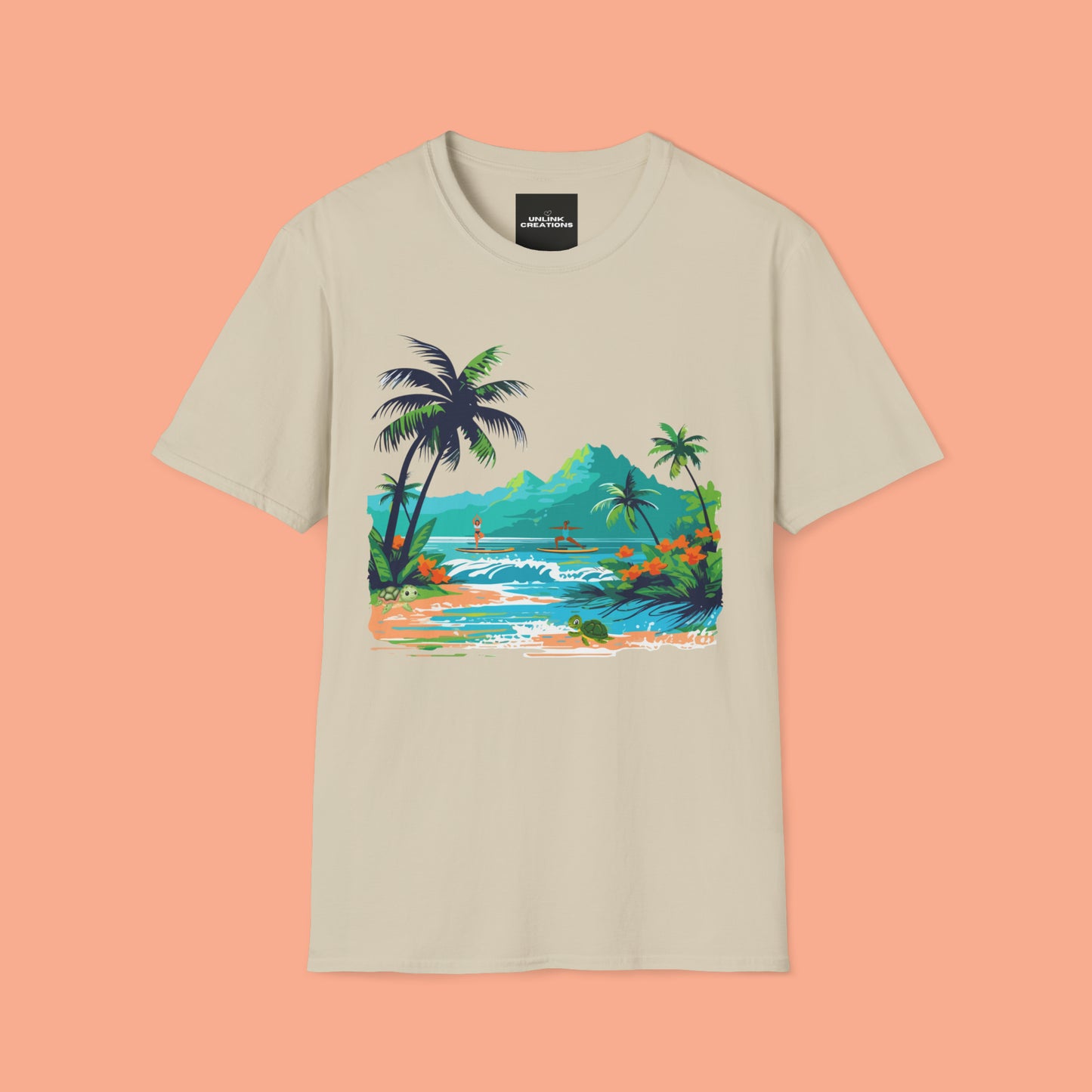 A peaceful paddle board yoga, anyone? With turtles, palm trees and yes the ocean and mountains. Enjoy! A Unisex Softstyle T-Shirt.