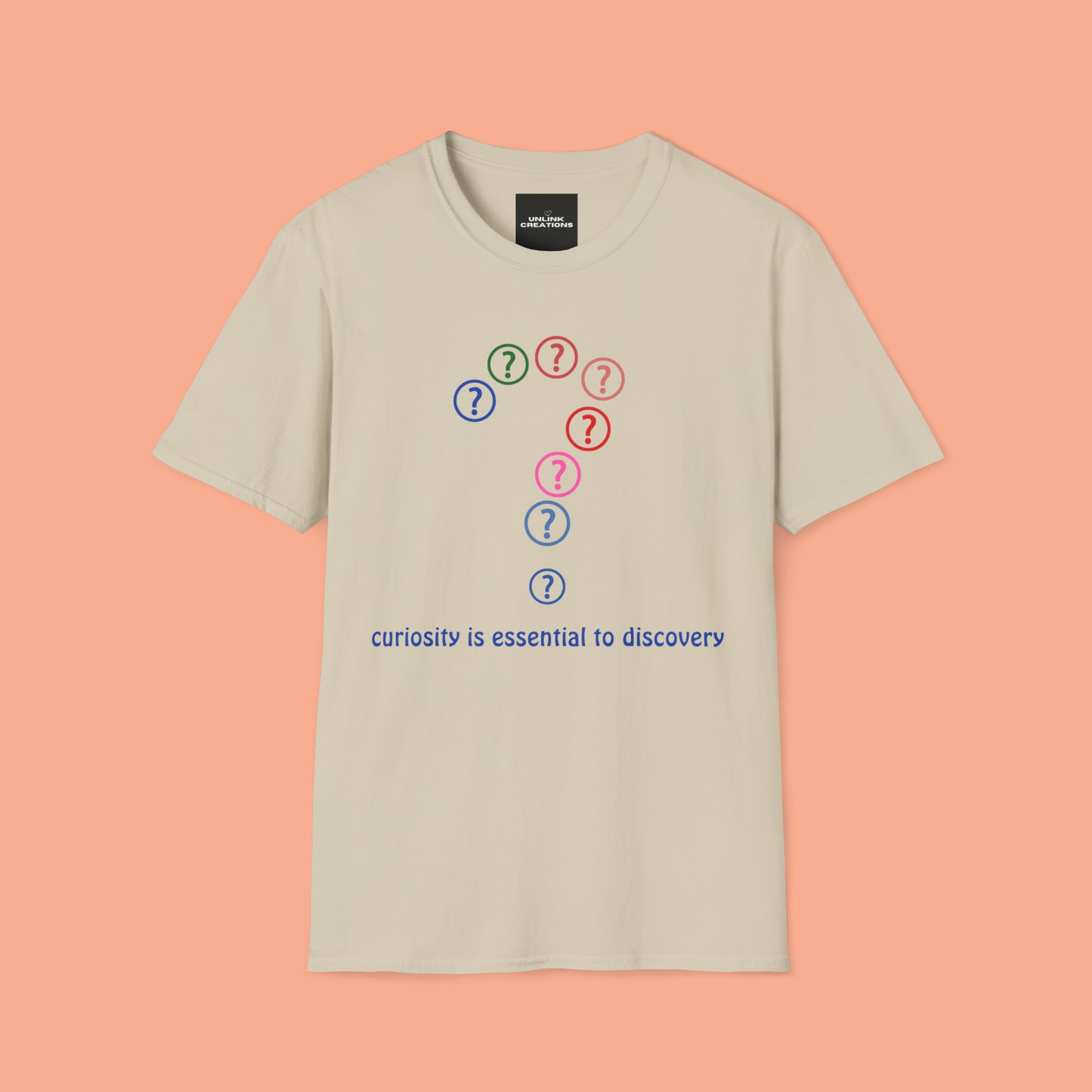 A question mark made of question marks above “curiosity is essential to discovery” message design on this Unisex Softstyle T-Shirt design.