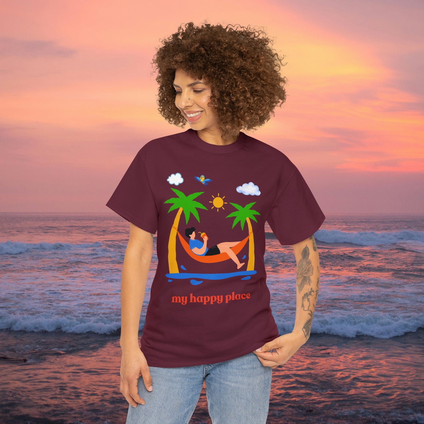 Is the beach your happy place? This is the shirt for you if it is. This Unisex Heavy Cotton Tee makes for a great gift or get one to enjoy yourself.