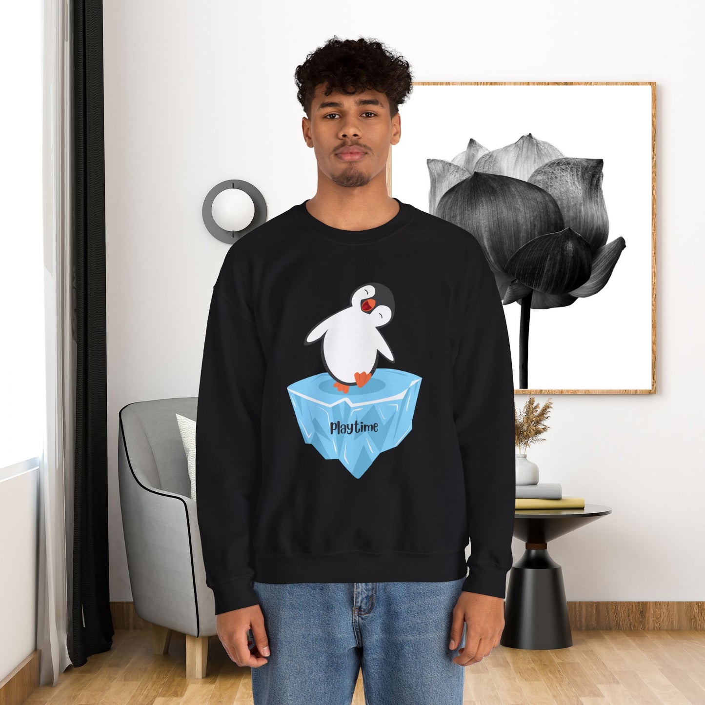 Crewneck Sweatshirt - Playtime Cute Happy Penguin on Iceberg Design