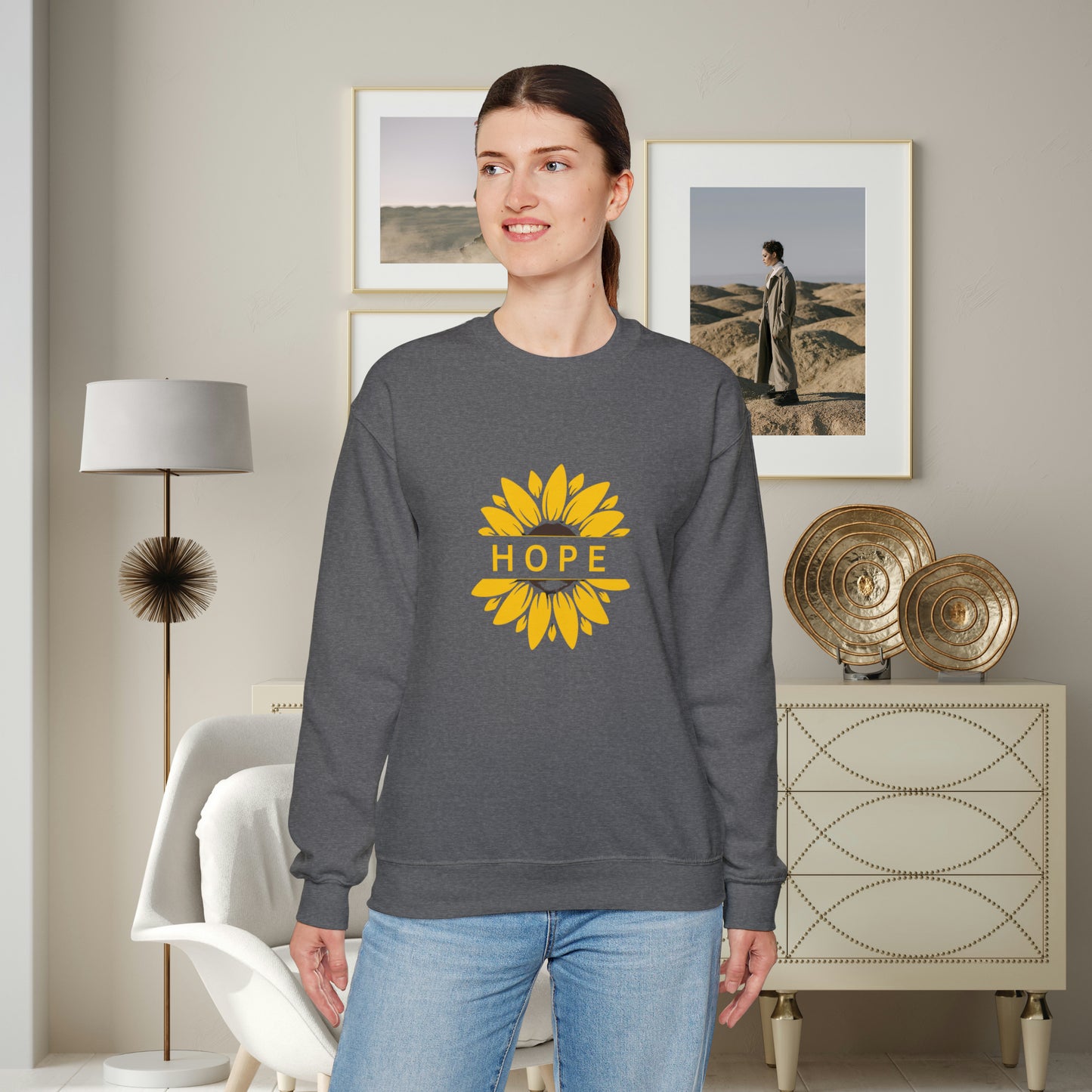 Beautiful sunflower with to inspire  “HOPE” comfy sweatshirt. Give the gift of this Unisex Heavy Blend™ Crewneck Sweatshirt or get one for yourself.