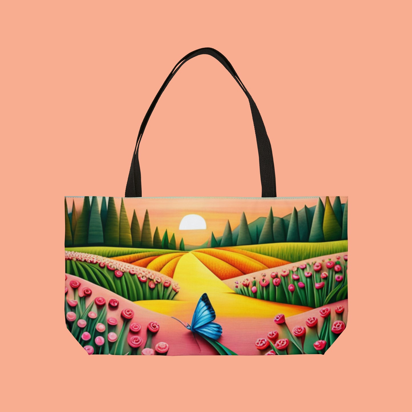 Blue butterfly in the middle of a field of flowers inspired this origami style design Weekender Tote Bag.