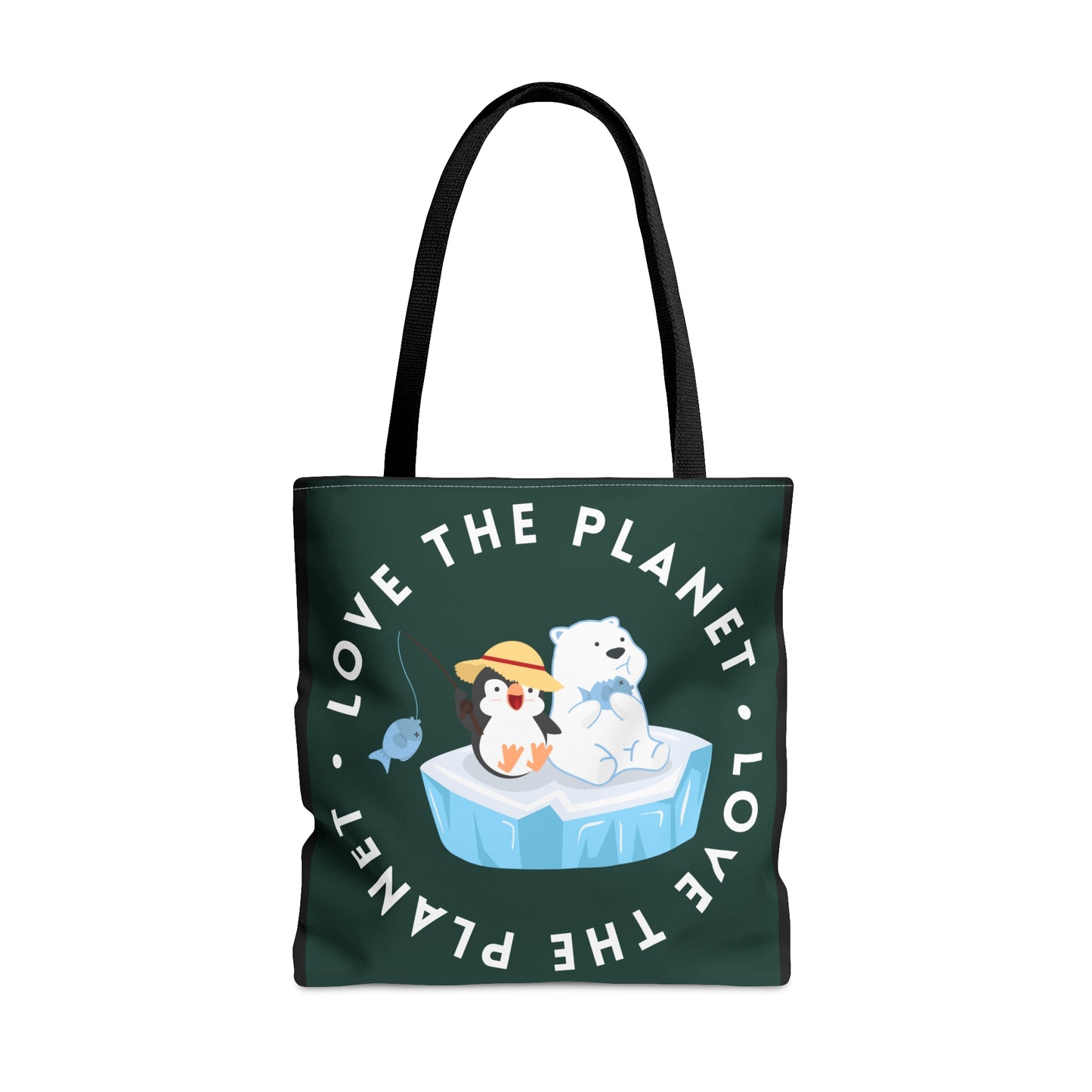 Cute polar bear, penguin and fish inside a  “LOVE THE PLANET” Tote Bag in 3 sizes to meet your needs.