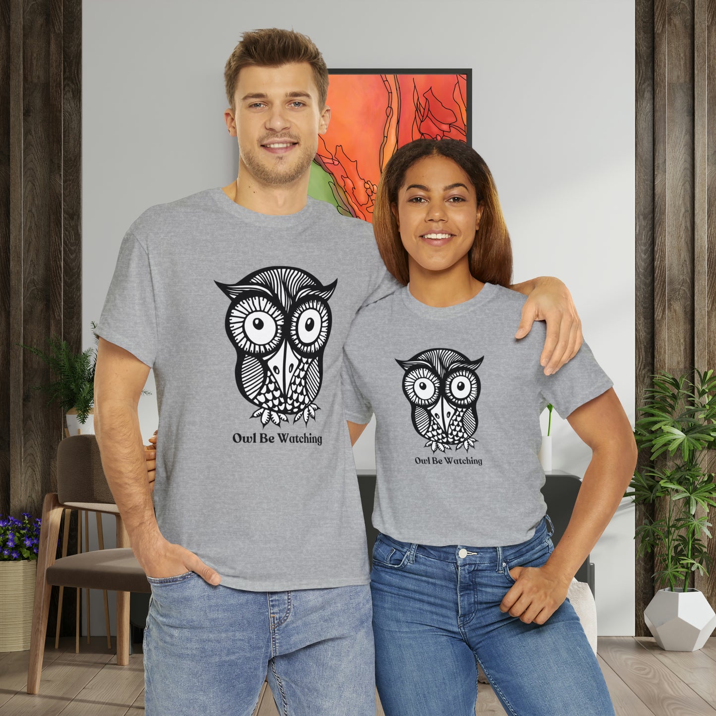 Owl be watching caption Unisex Heavy Cotton Tee. Beautiful owl design for your enjoyment.