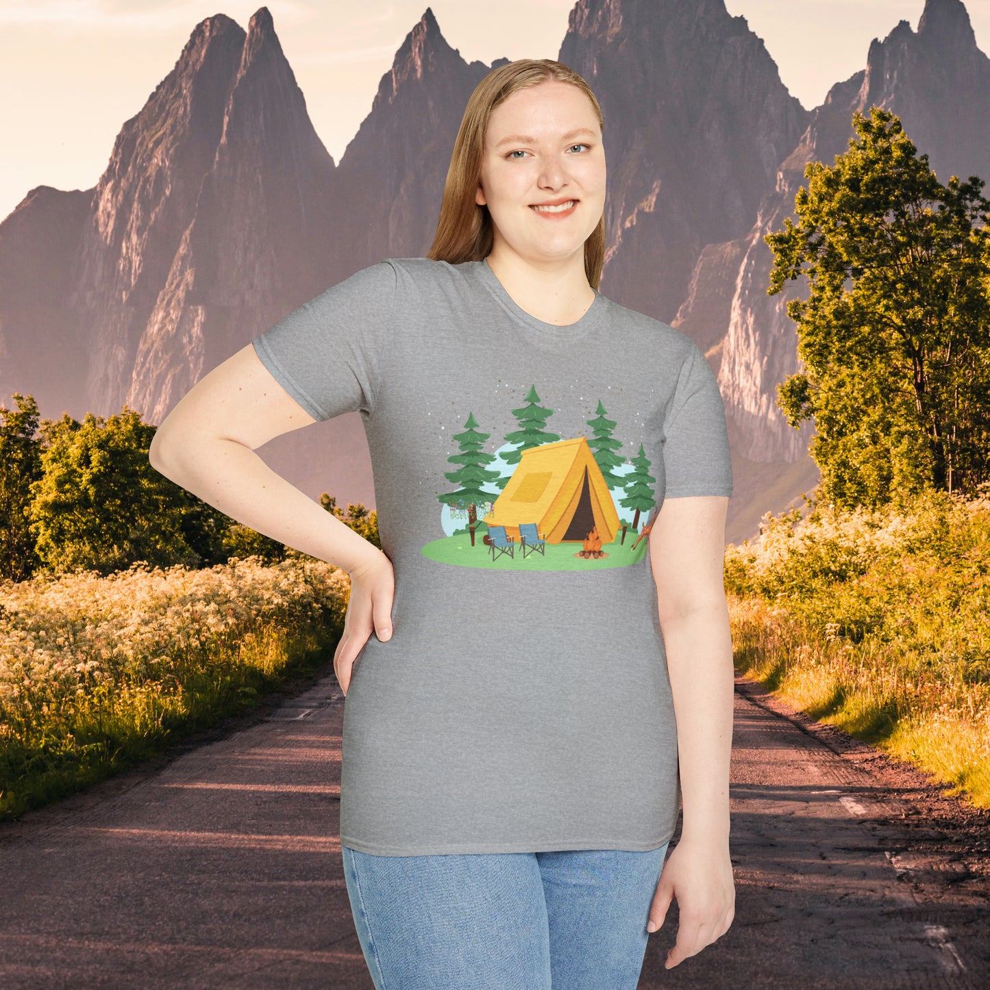 Camping can be so much fun! A happy place for many of us. Love of the great outdoors inspired design on this Unisex Softstyle T-Shirt.