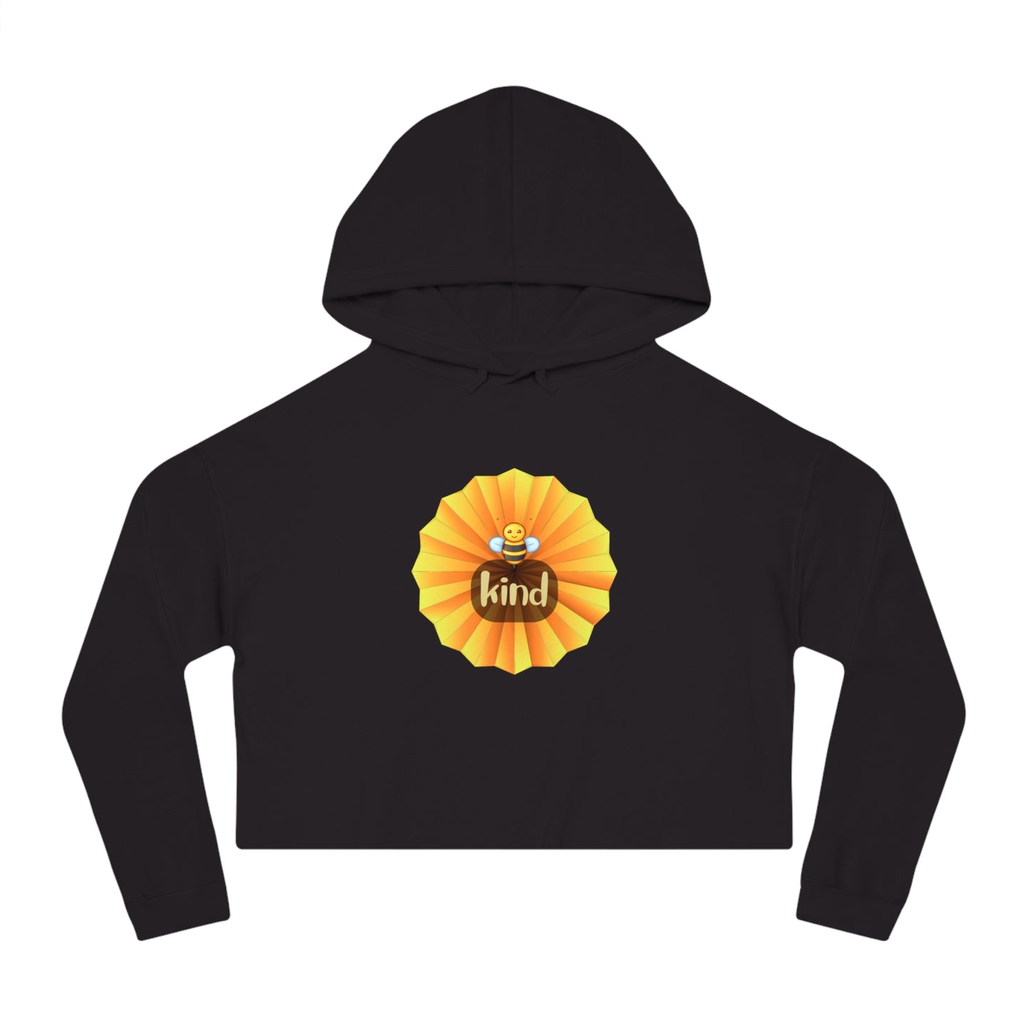 Be (bee picture) kind message in the middle of a yellow origami flower design on this stylish Women’s Cropped Hooded Sweatshirt for your enjoyment.