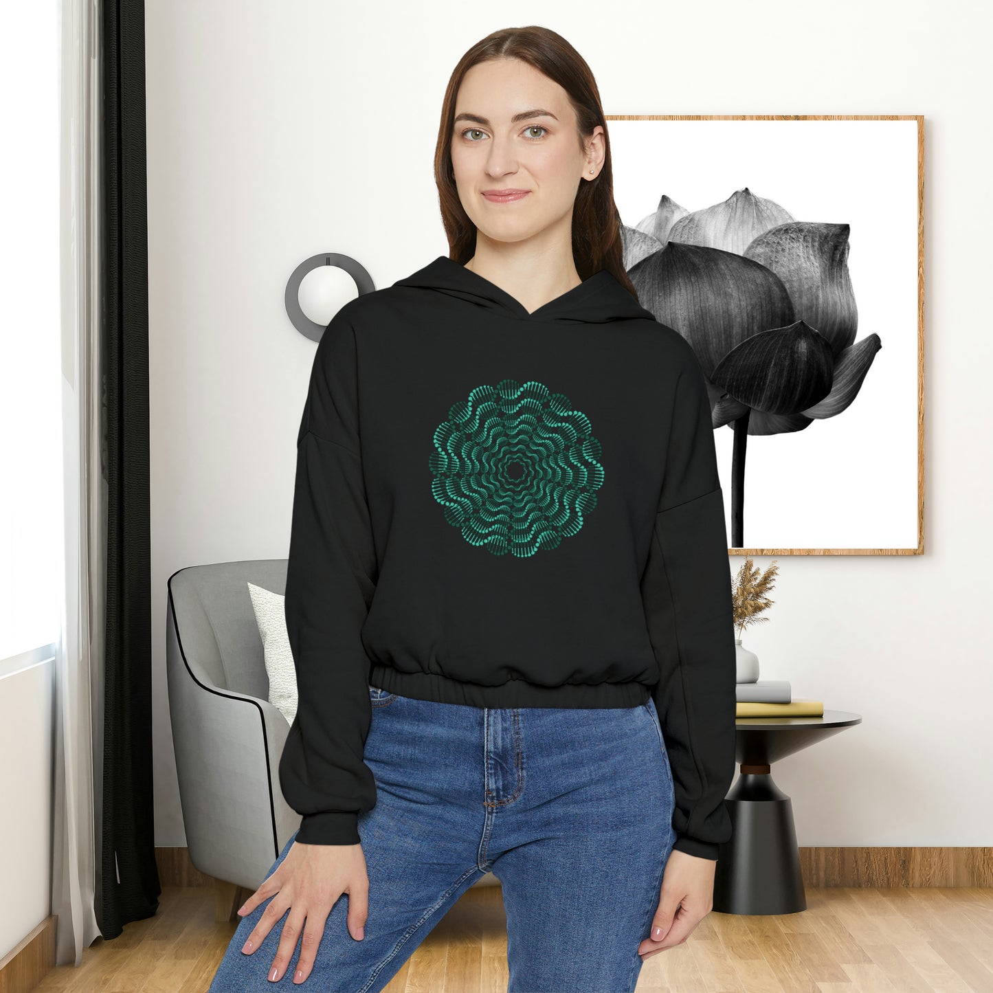 Mesmerizing abstract design on the front and back of this Women's Cinched Bottom Hoodie.