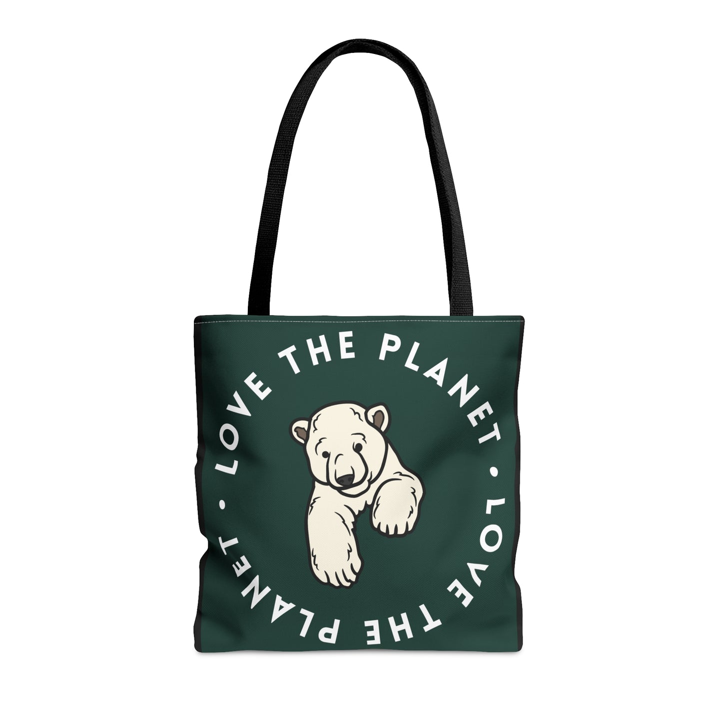 Polar bear inside a  “LOVE THE PLANET” Tote Bag in 3 sizes to meet your needs. Available in black.