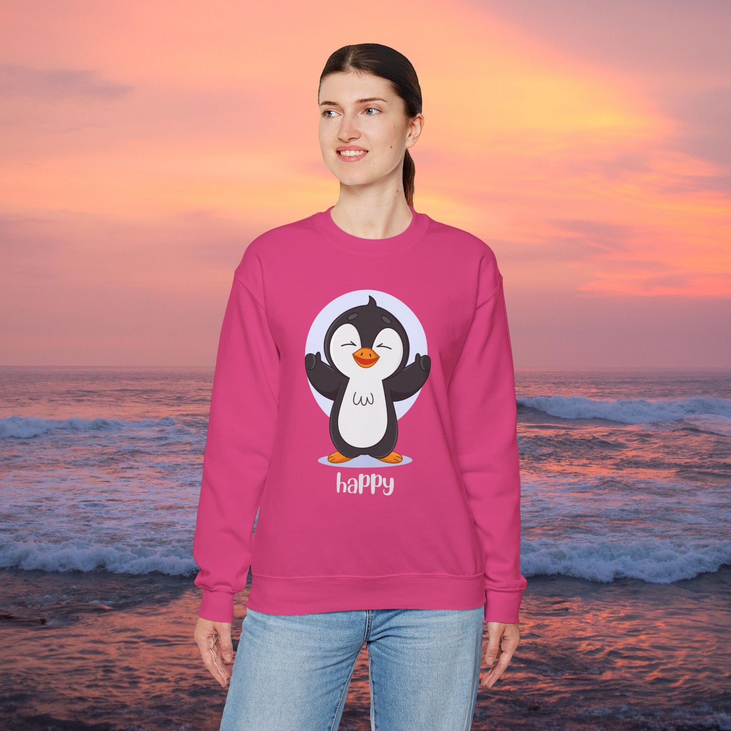 Penguin Crewneck Sweatshirt with Happy Typography