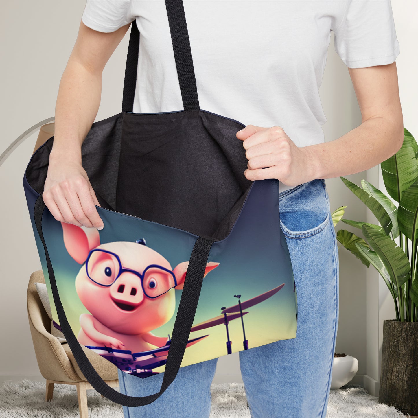 Cute pig drummer inspired design on this Weekender Tote Bag.